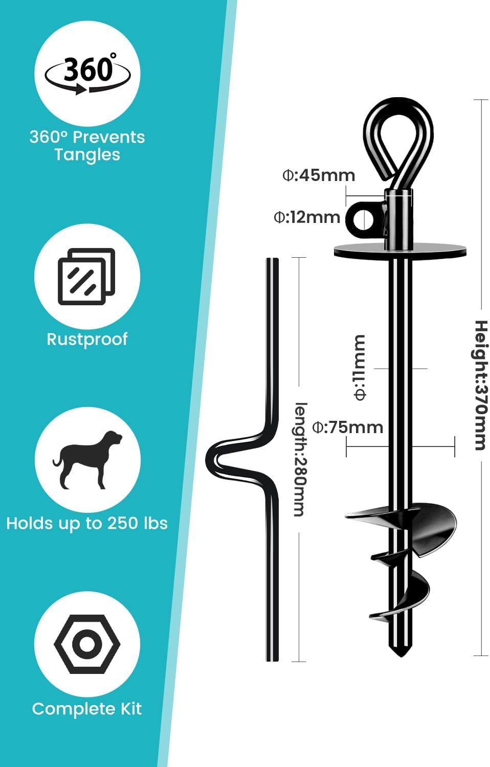 Tie Out Stake for Large Dogs up to 220 Lbs, Heavy Duty for Outside/Yard/Beach, 360&deg; Rotation No Tangling Anchor for Cable/Leads/Tether/Chain image number 1