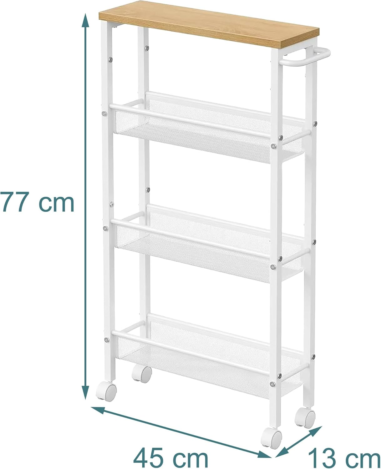 Relaxdays Niche Trolley, H X W X D: 77 X 13 X 45 Cm, Narrow Recess Shelf, Bathroom & Kitchen, 4 Levels, Metal Rolling Shelf, Natural/White image number 4
