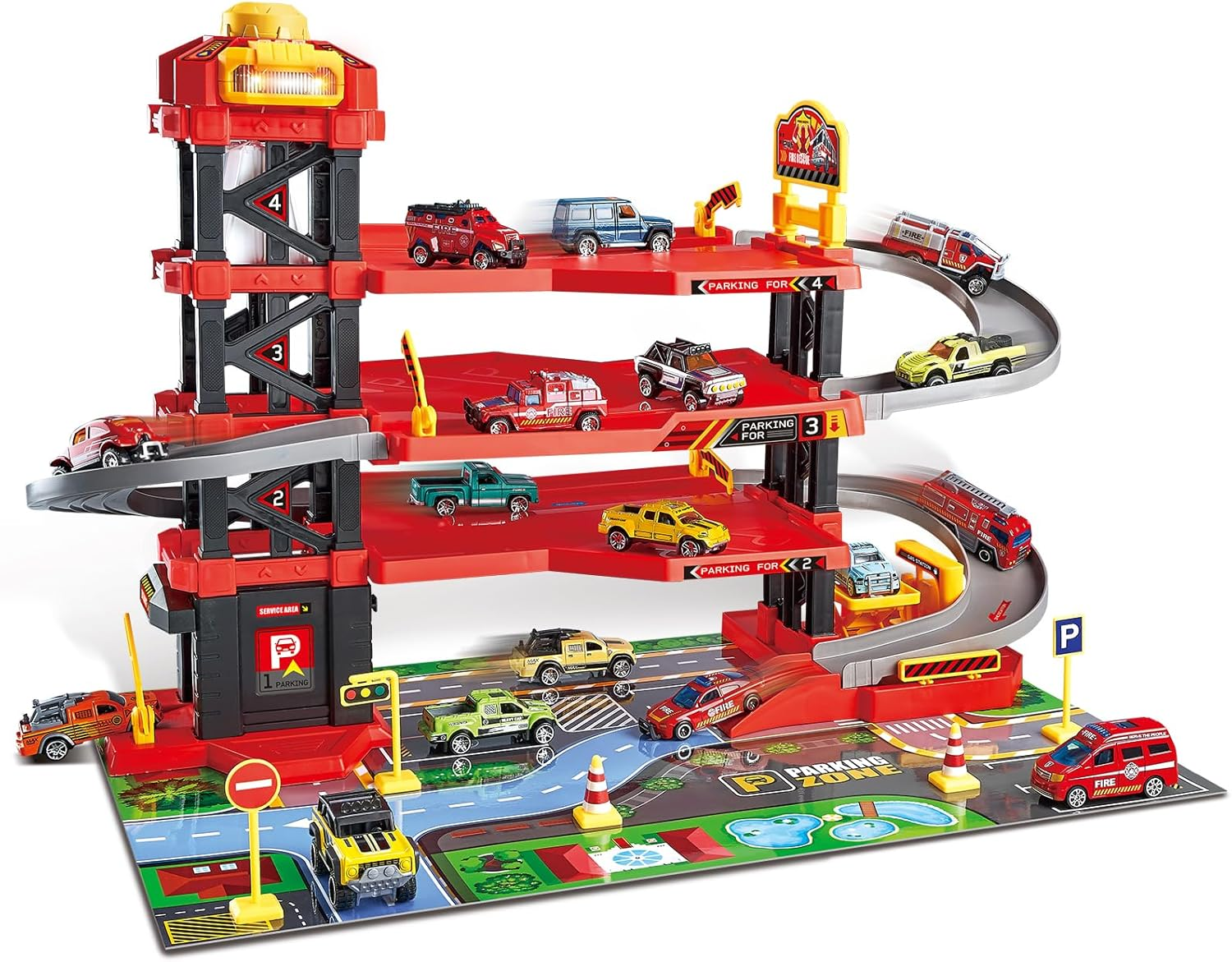 Parking Garage Toy Playset with 6 Little Alloy Construction Cars Adventure Track, Race Car Ramp Track Toys Sets Garage Playset (Red-Pack) image number 2