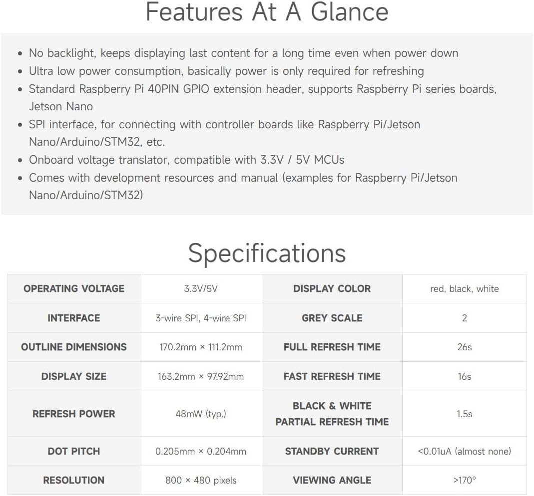 Waveshare 7.5Inch E-Paper HAT, 800&times;480 Resolution Red/Black/White 3Colors Display HAT for Price Tags, Shelf Labels, Industrial Instruments, Etc image number 3