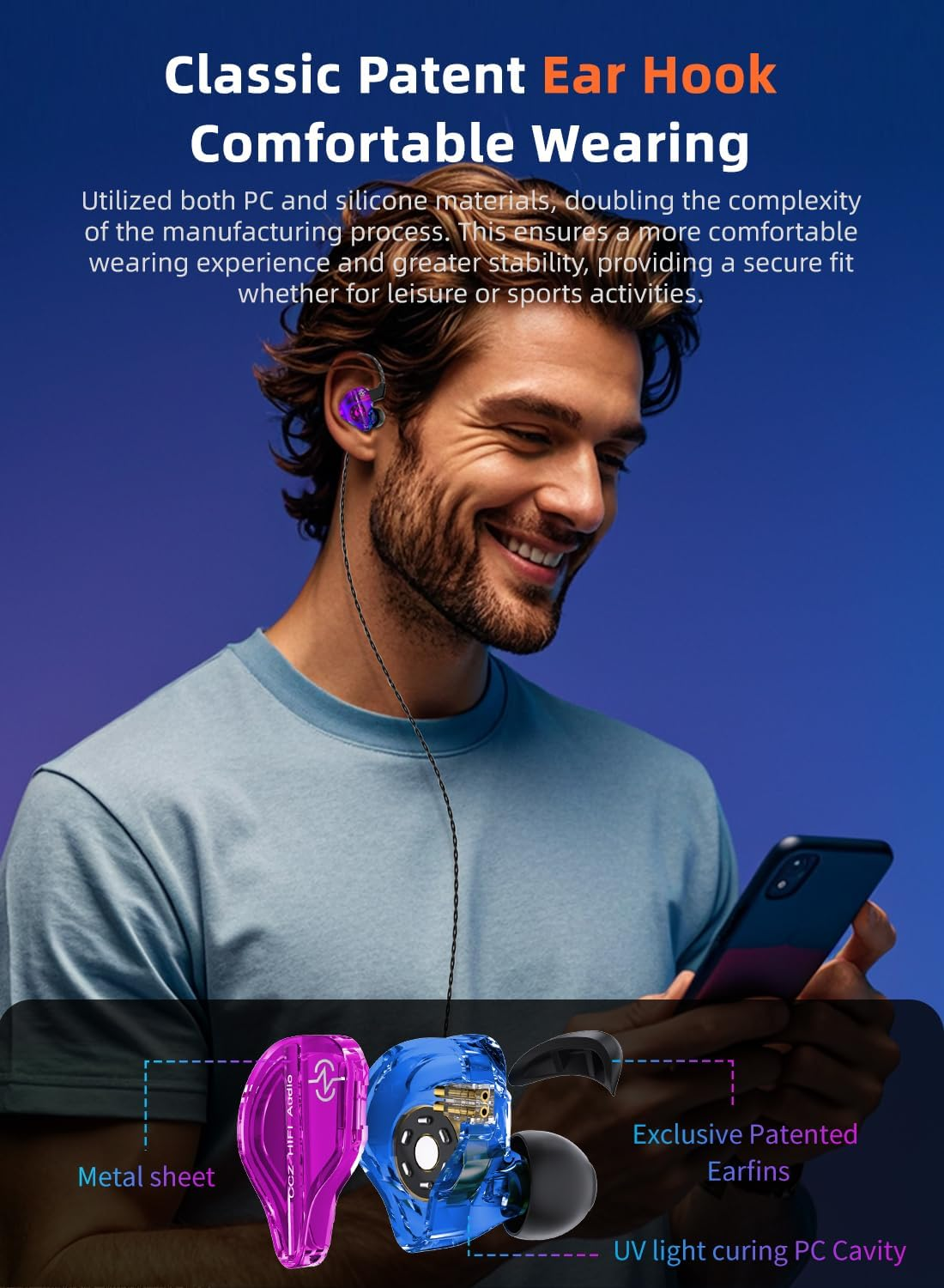 Yinyoo DC01 PRO Wired In-Ear Monitor Headphones, Deep Bass, Powerful Magnetic Composite Membrane, Purple-Blue, 22&Omega;, 110Db, 20-20Khz image number 2