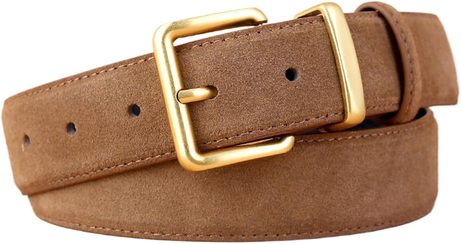 Fashion Elegant Ladies Suede Belt with Gold Buckle, Women Genuine Leather Belt for Jeans Pants Dress Coat