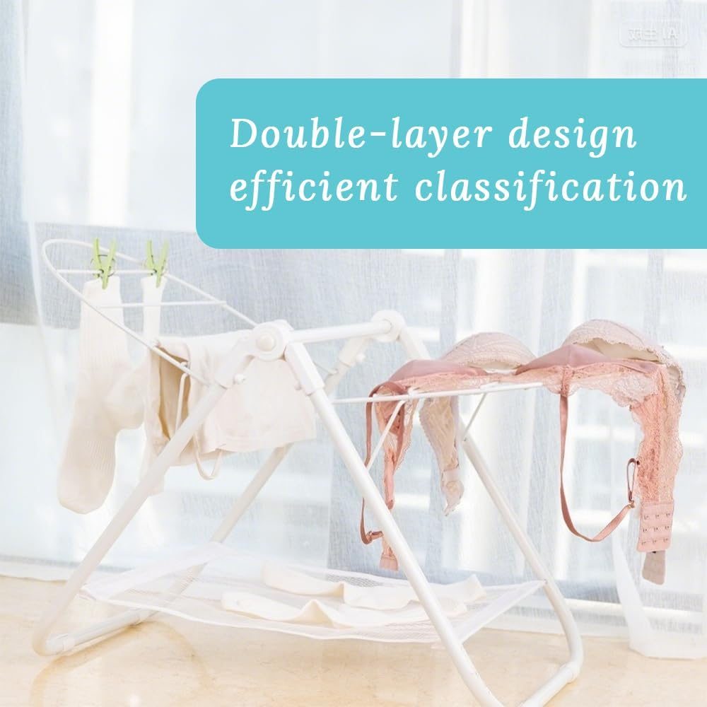 GUDAJIN Compact Tabletop Airer Stand, Folding Winged Hanger Shelf, Dual-Level Laundry Tower for Undergarments, Facecloths, Indoor Washroom, Outdoor Patio, Space-Saving Portable Frame image number 1