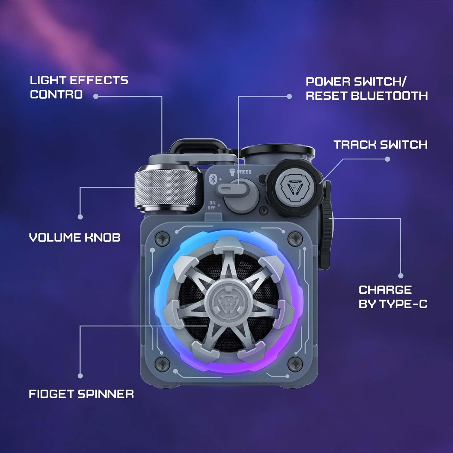 Muzen Cyber Cube-Pro Bluetooth Speaker, Bluetooth 5.0, Portable Speaker with Fidget Spinner, Crystal Clear Sound with RGB Led Light Wireless Speaker, Waterproof Speakers for Indoor Outdoor image number 3