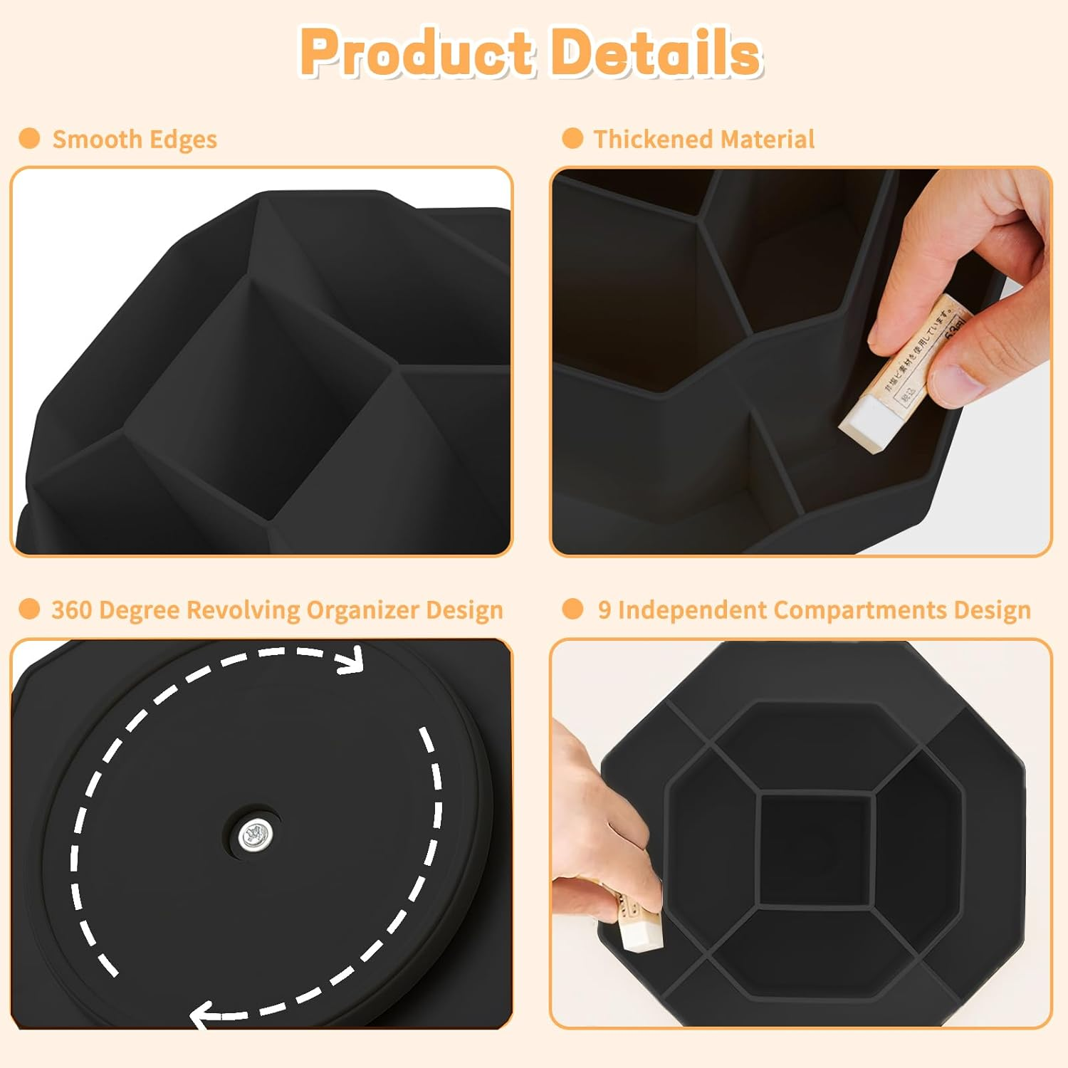 Cayxenful Pencil Pen Holder for Desk,9 Slots 360 Degree Rotating Desk Organizers,Desktop Storage Stationery Supplies Organizer, Cute Pencil Cup Pot for Office, School, Home(Black) - Black image number 6