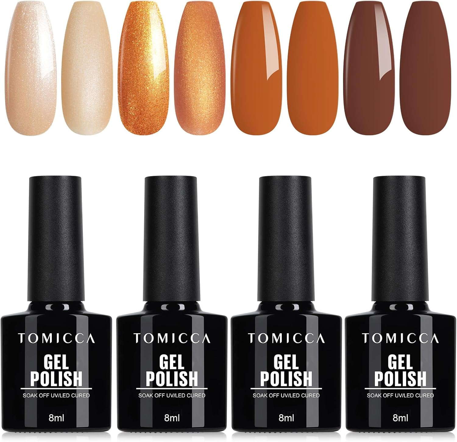 TOMICCA Gel Nail Polish Kit, 4 Colors Autumn Fall Brown Gold Glitter Orange Gel Polish Set Soak off Nail Gel Nail Art DIY Manicure Salon Gifts for Women Girl DIY Home, 8ML