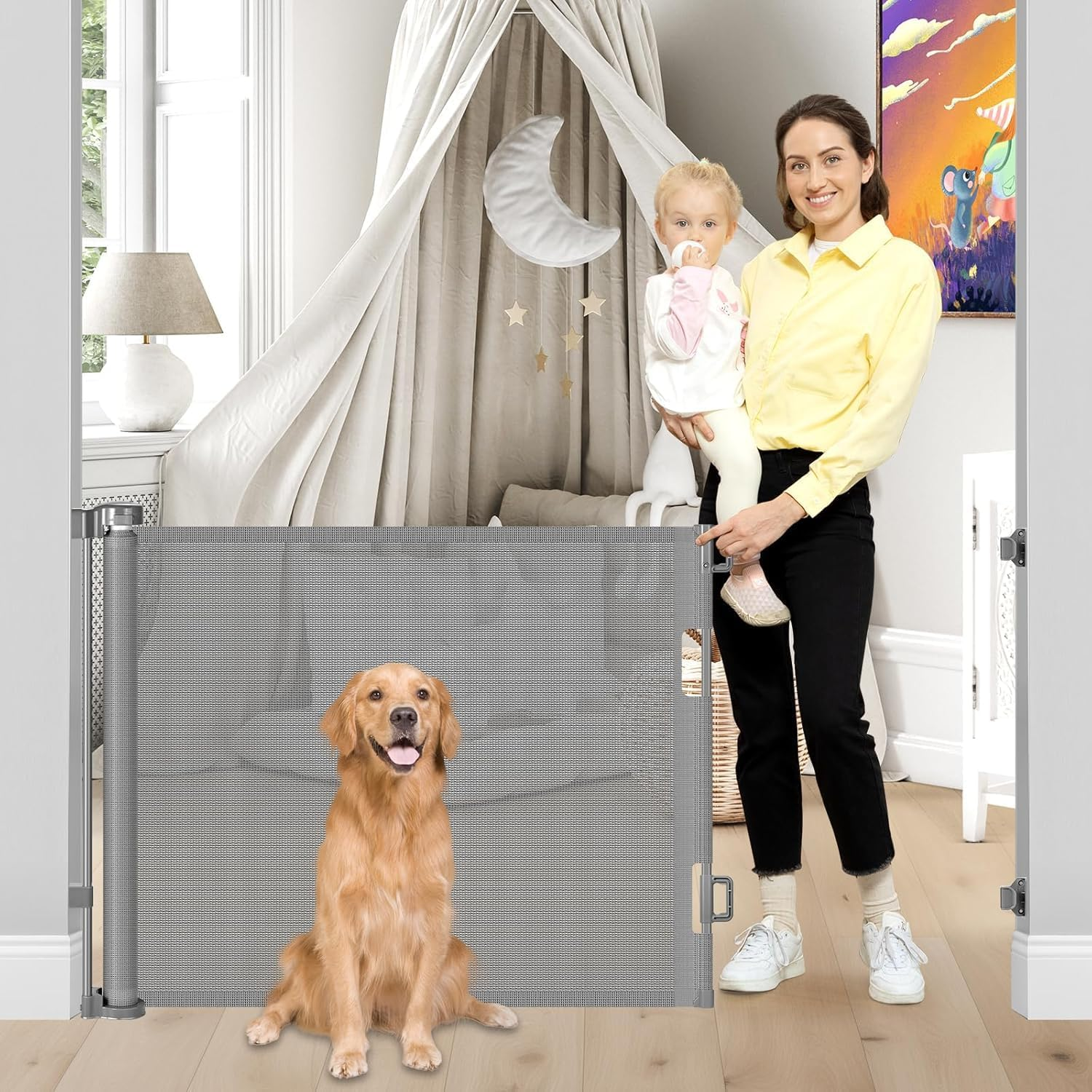 ZONEY Retractable Baby Gate, Baby Gate or Mesh Dog Gate, 33" Tall, Extends up to 55" Wide, Child Safety Gate for Doorways, Stairs, Hallways, Indoor/Outdoor (33"X55") (White, 33"X55"(150 * 86Cm))
