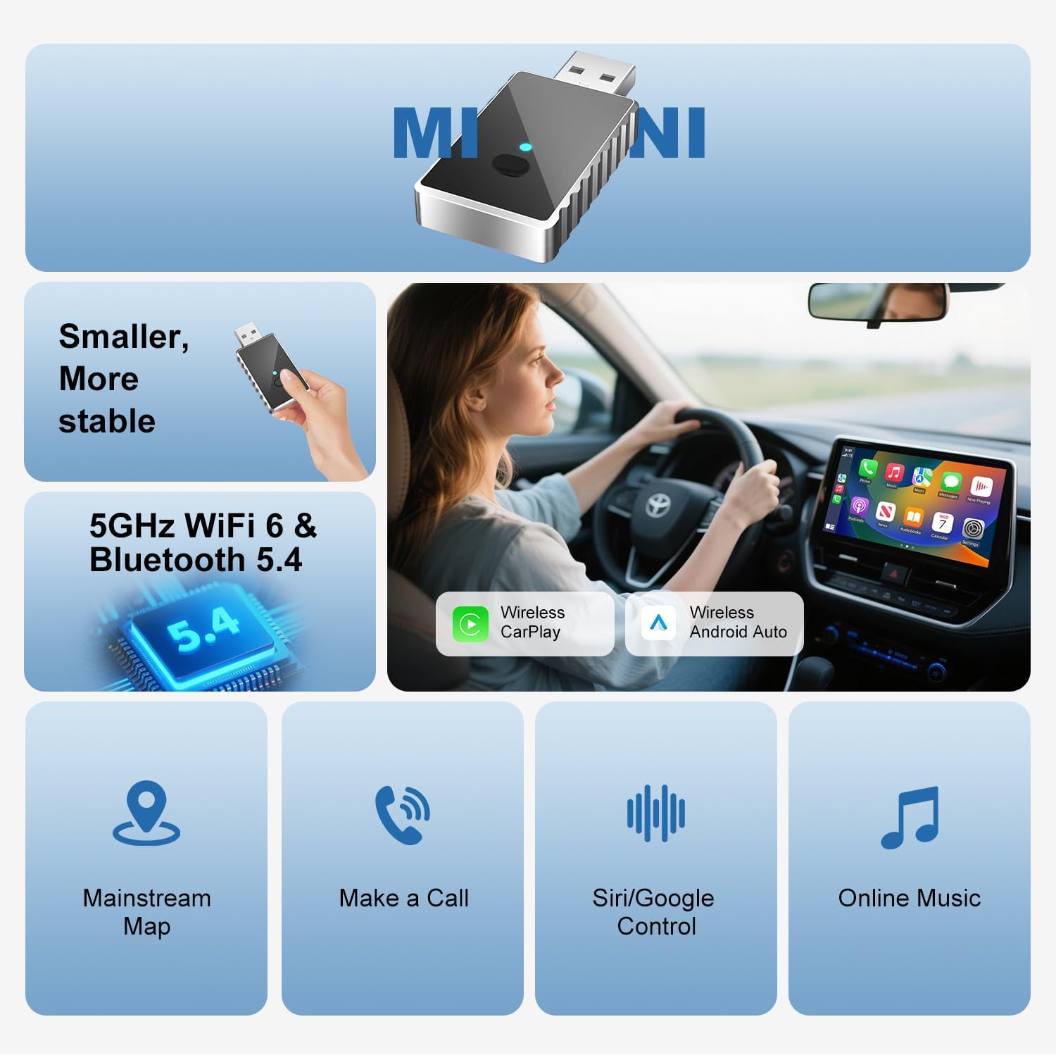 2 in 1 Wireless Carplay Adapter for Iphone & Android Auto, Convert Wired to Wireless Carplay Adapter with USB-A to USB-C, Mini Car Play Dongle Plug & Play, Stable Control & No Delay image number 3