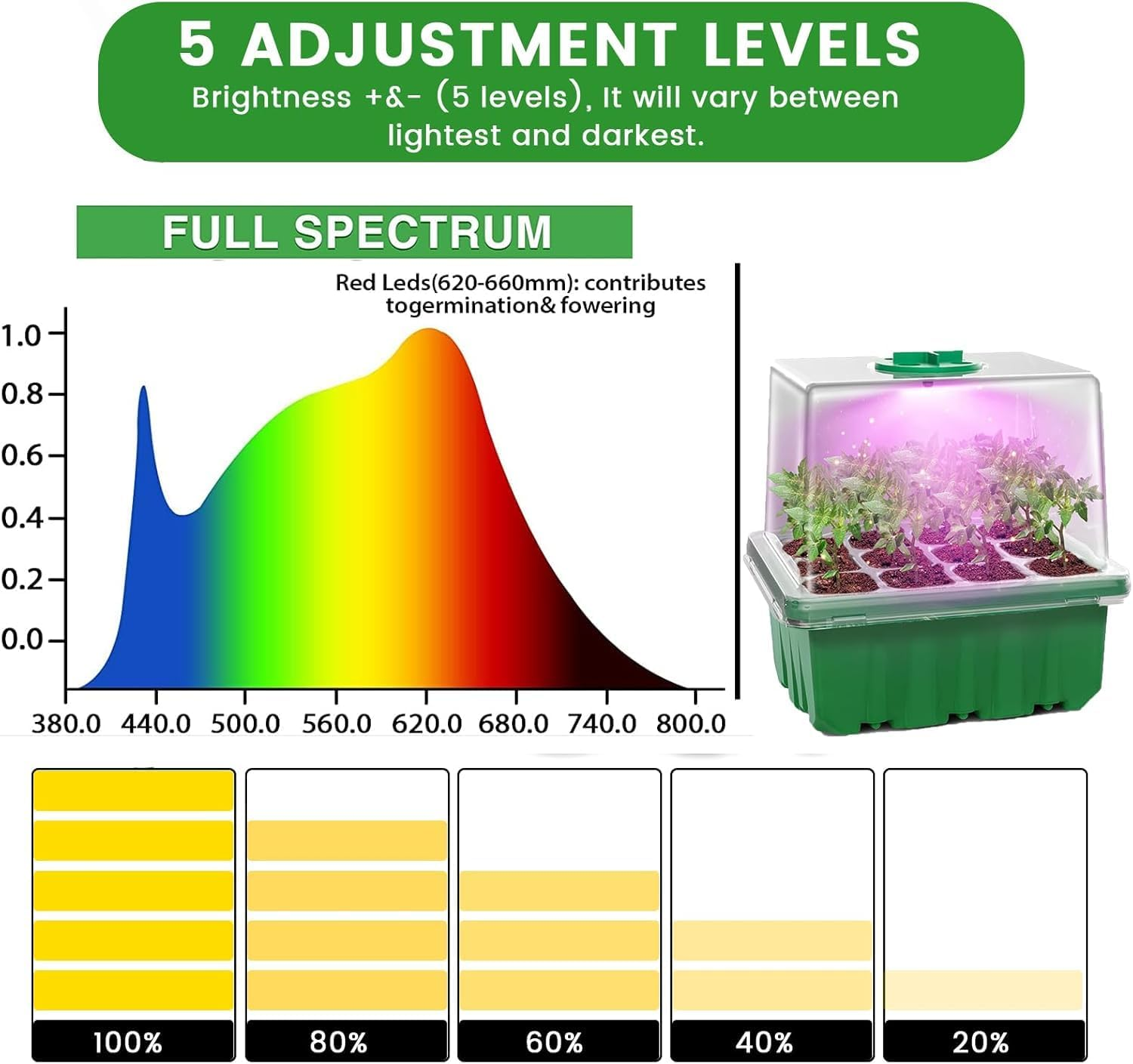 Seed Trays with Grow Light, 5 Pack 60 Cells Growing Trays Propagator Growing Thicken Seedling Starter Adjustable Brightness & Humidity,2 Meters Timing Controller for Greenhouse Grow Plant Seed image number 6