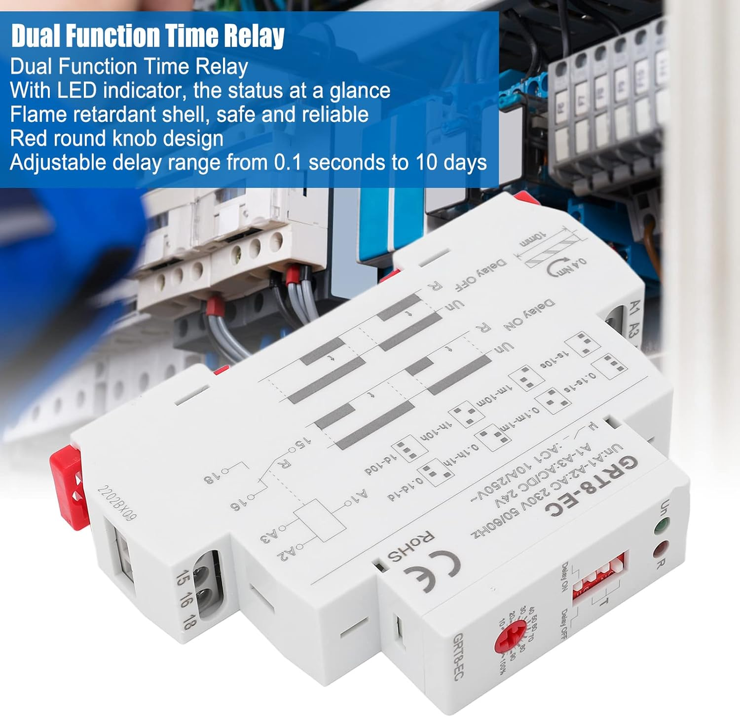 Multifunction Time Relay, Dual Function Mini Power off Delay Time Relay with LED Indicator, 0.1S-10Days AC230V or AC DC24V, Power off Timer Timing Relay (GRT8-EC) image number 6