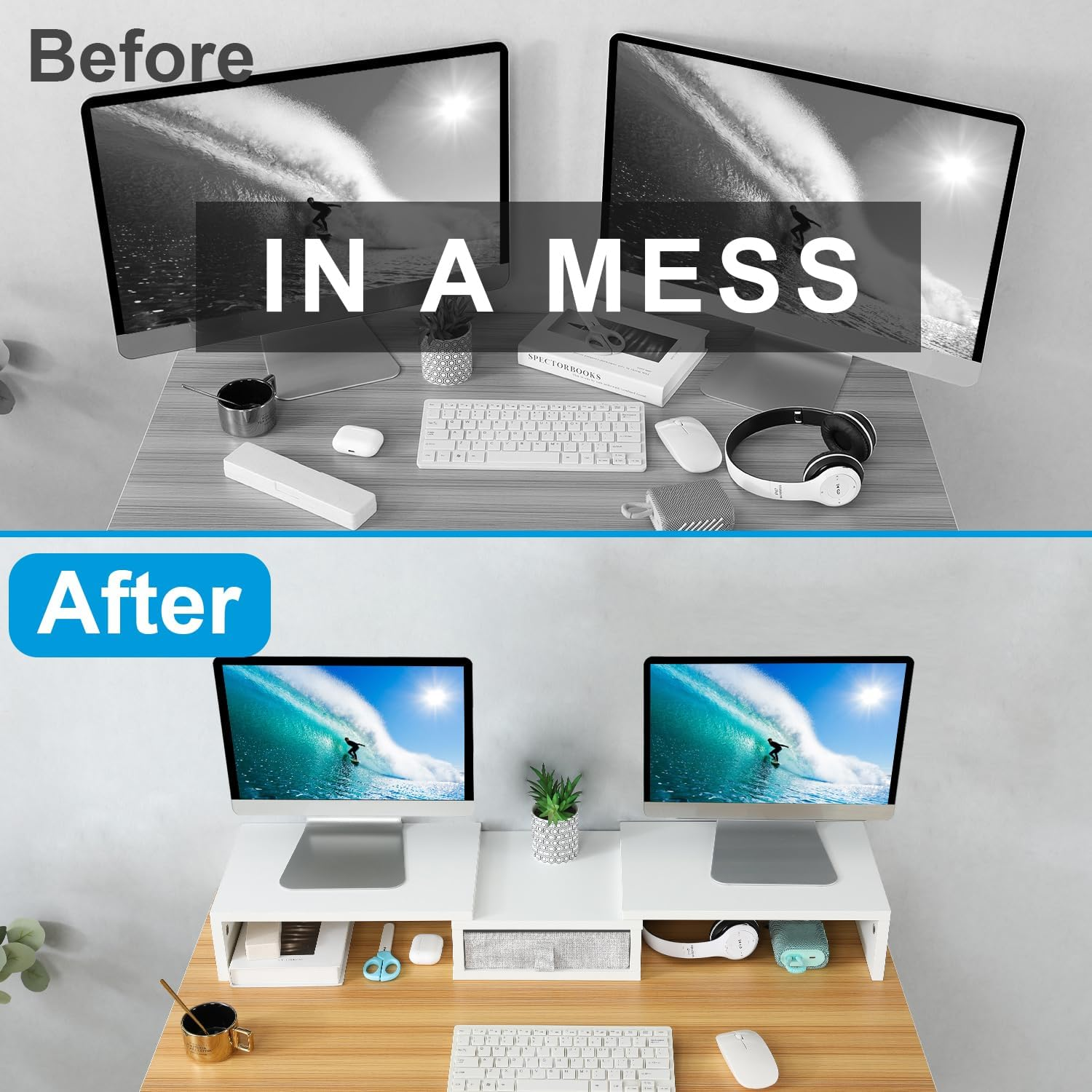 TEAMIX White Dual Monitor Stand Riser with Drawer - Length and Angle Adjustable Double Monitor Riser Corner Desk Shelf Organizer 37 Inch Long Monitor Riser for 2 Monitors/Laptop/Pc/Screen/Tv