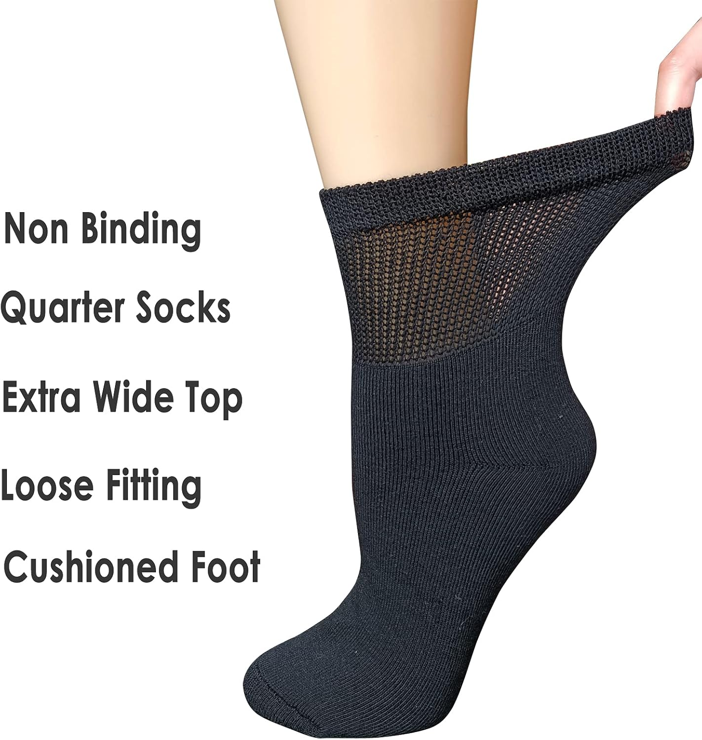 VEIGIKE Women Extra Wide Comfort Fit Loose Fit Quarter Socks Moisture Wicking Cushion Diabetic Socks Loose Fit for Wide Swollen Feet Ankle 4 Pairs 9-11, Black, One Size, Black-4Pairs, One Size image number 2