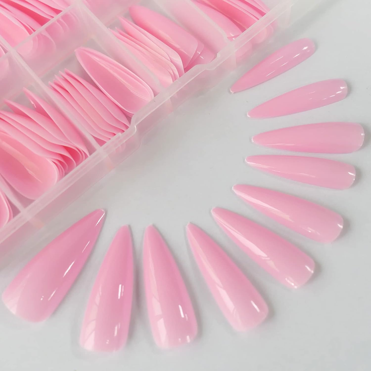 Medium Long Press on Nails,Glossy Fake Nail 100Pc Full Cover Acrylic Long Stiletto False Nail Art Tips Fingernails for Beginner Women and Girls Manicure(Peach Pink） image number 4