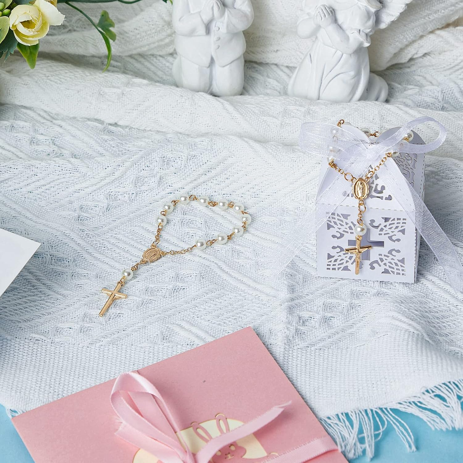 50 Packs Baptism Favors Set Acrylic Rosary Beads Faux Pearls with Organza Bags and Cross Baptism Favor Boxes Recuerdo De Boda Y Bautizo for Christening Weddings Party Favors(Gold Pearl Bracelet) - Silver image number 5