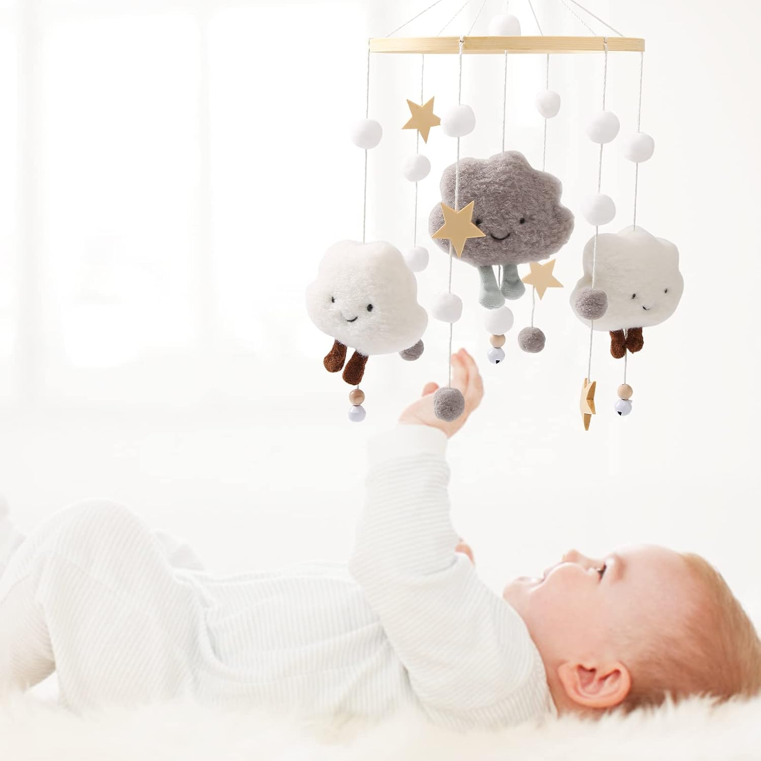 Promise Babe Wooden Crochet Mobile with Felt Balls Clouds Stars for Baby Room Decoration - Grey - Blue Clouds image number 4