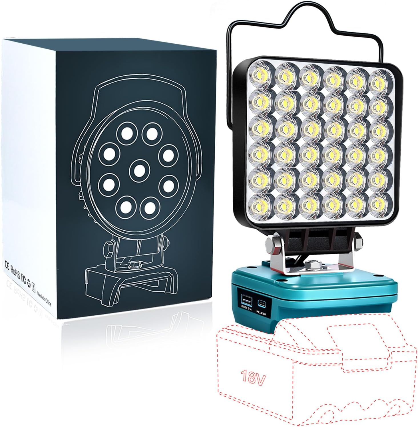 Upgraded Work Light for Makita 18V Battery,72W 6800LM Portable Cordless Floodlight with Usb&Type C Fast Charging Port for Makita Tools,Led Spotlight for Camping,Fishing,Workshop(No Battery) (MTFD4I36)