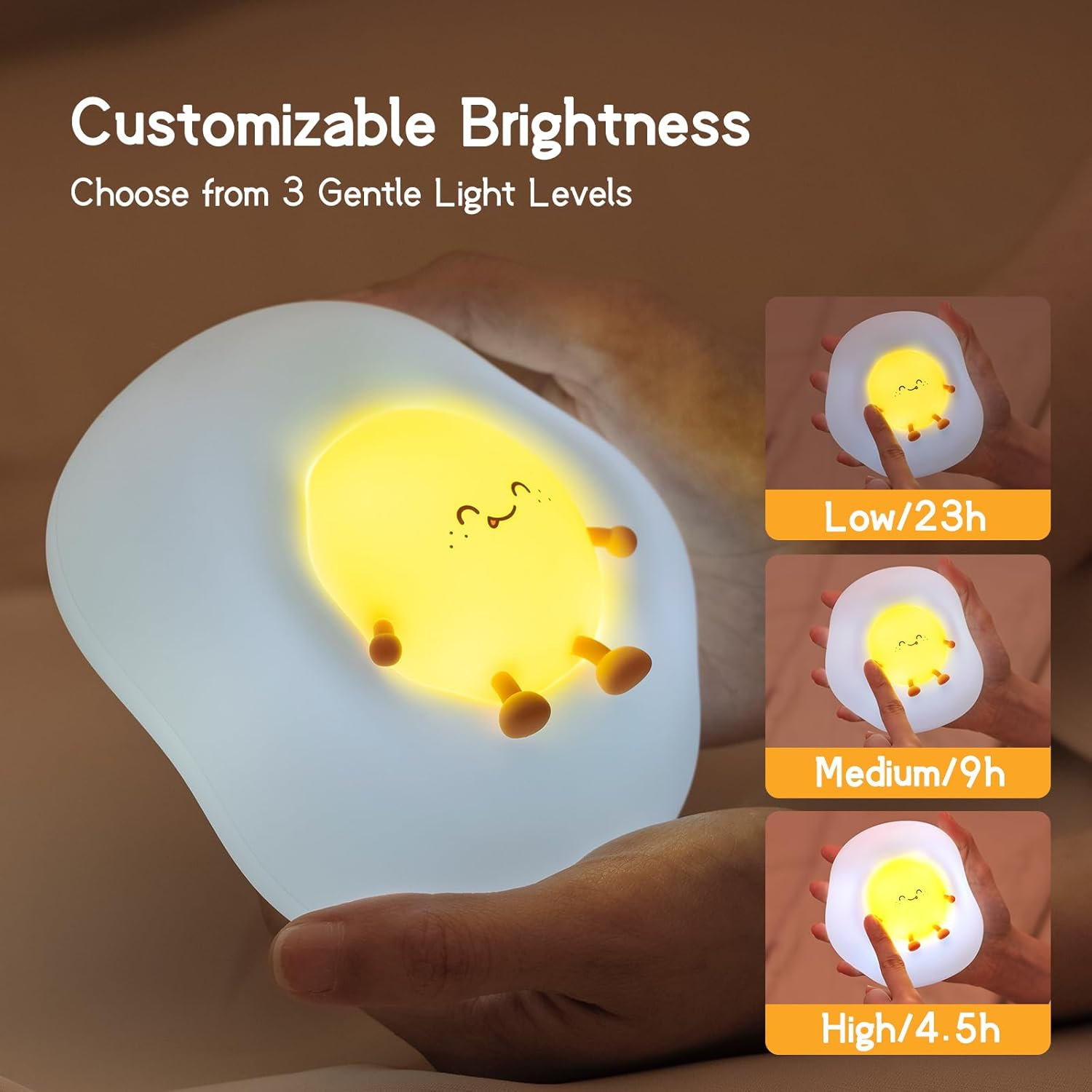 Cute Night Light for Kids Baby, Portable Silicone Rechargeable Nightlight, Cordless LED Touch Sensor Dimmable Bedside Lamp, Small Squishy Toy for Boy Girl, Nursery Decor (Fried Egg) image number 3
