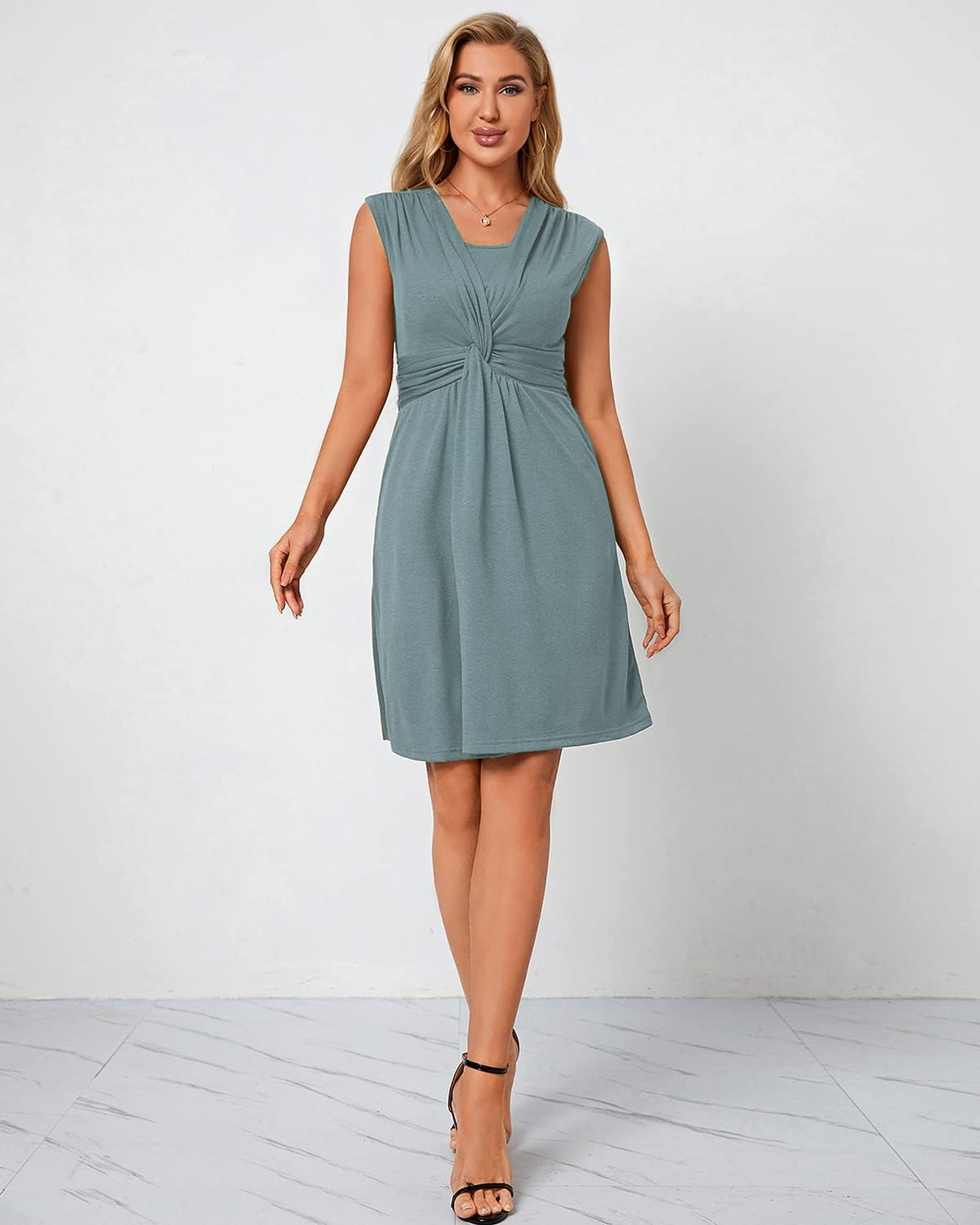 Sosolism Women Breastfeeding Dress Double Layered Sleeveless Maternity Nursing Dresses Cross Pleat with Waist Belt