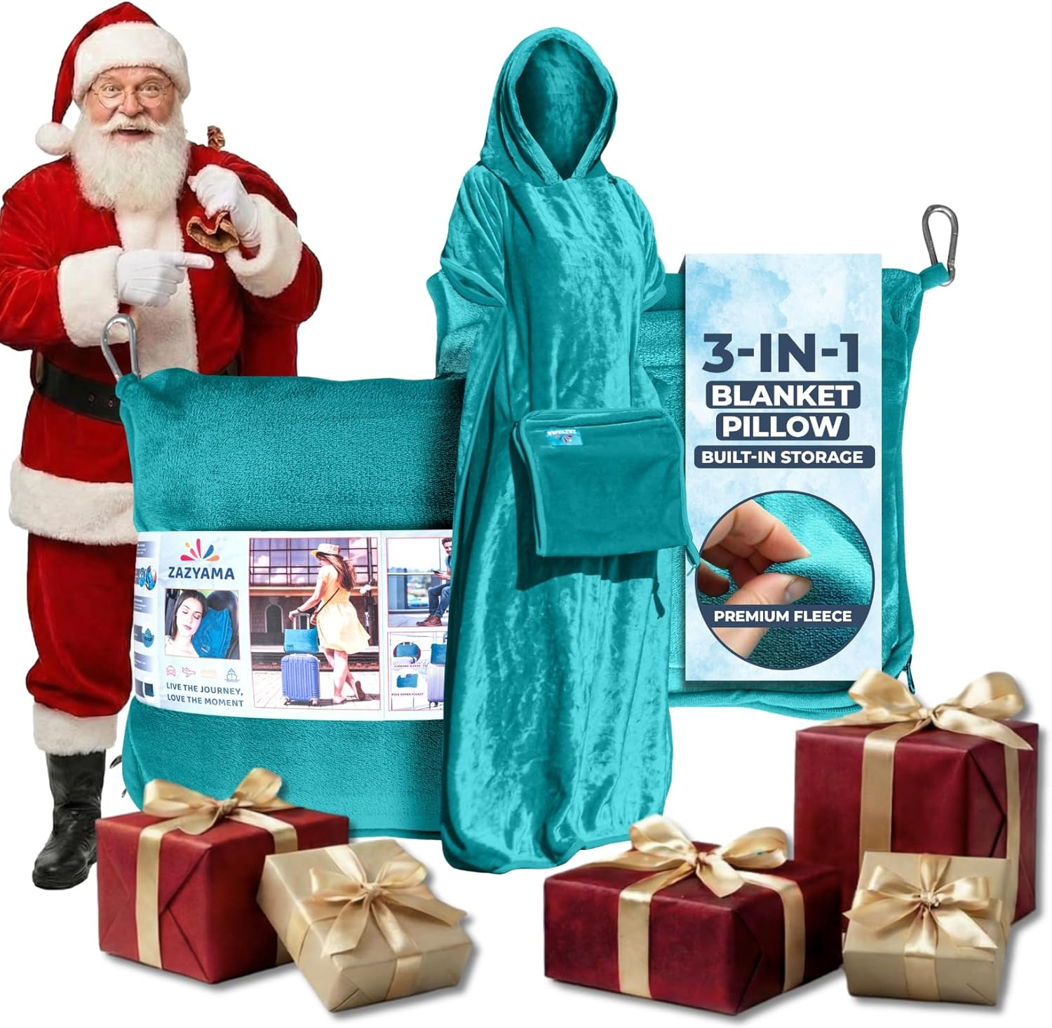 ZAZYAMA 3-In-1 Travel Blanket Airplane &ndash; Compact with Bag & Pillow Combo Set, Ultra-Soft Fleece | Packable Blanket Compact | Hidden Pocket | Trolley Sleeve | Carabiner | Travel Essentials (Aqua Teal) image number 3