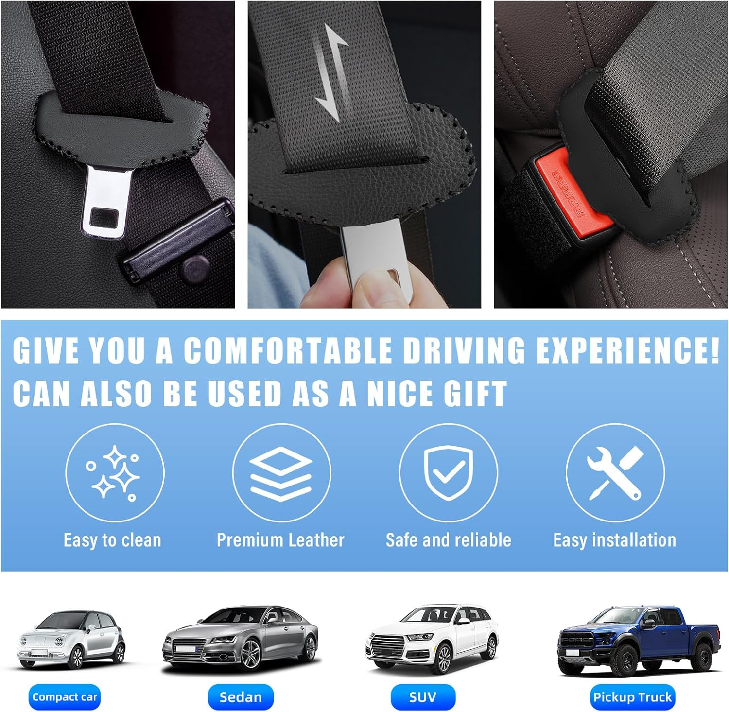 Augeny 2PCS Seat Belt Buckle Cover, Anti-Scratch Leather Car Seat Belt Silencer Clip Holster, Auto Seat Belt Buckle Protector, Universal Interior Decor Accessories for Most Vehicles (Black) image number 5