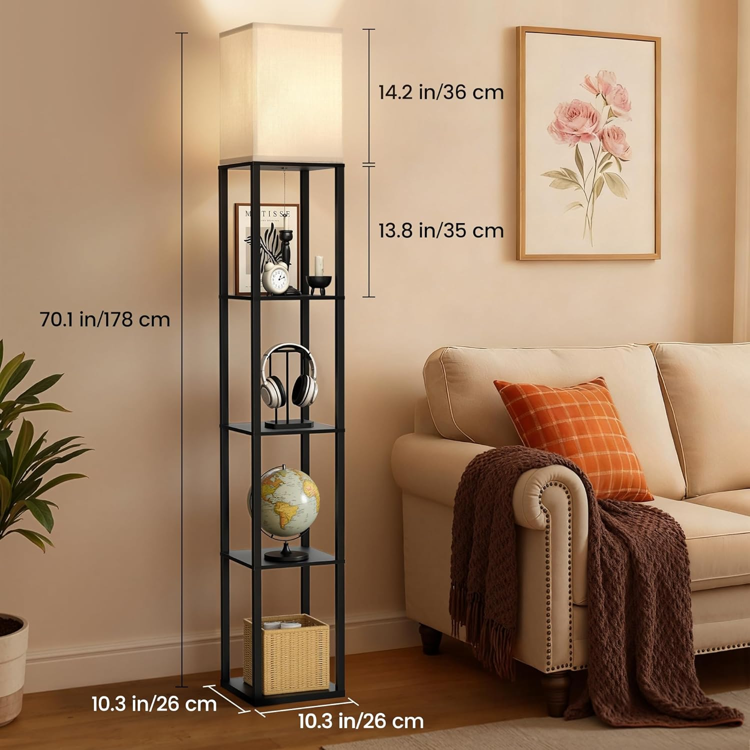 Floor Lamp with Shelves, Modern Square Shelf Lamp with 3 Color Temperature Bulb, Corner Storage Display Bookshelf Standing Floor Lamp for Living Room Bedroom Office-4 Layer image number 1