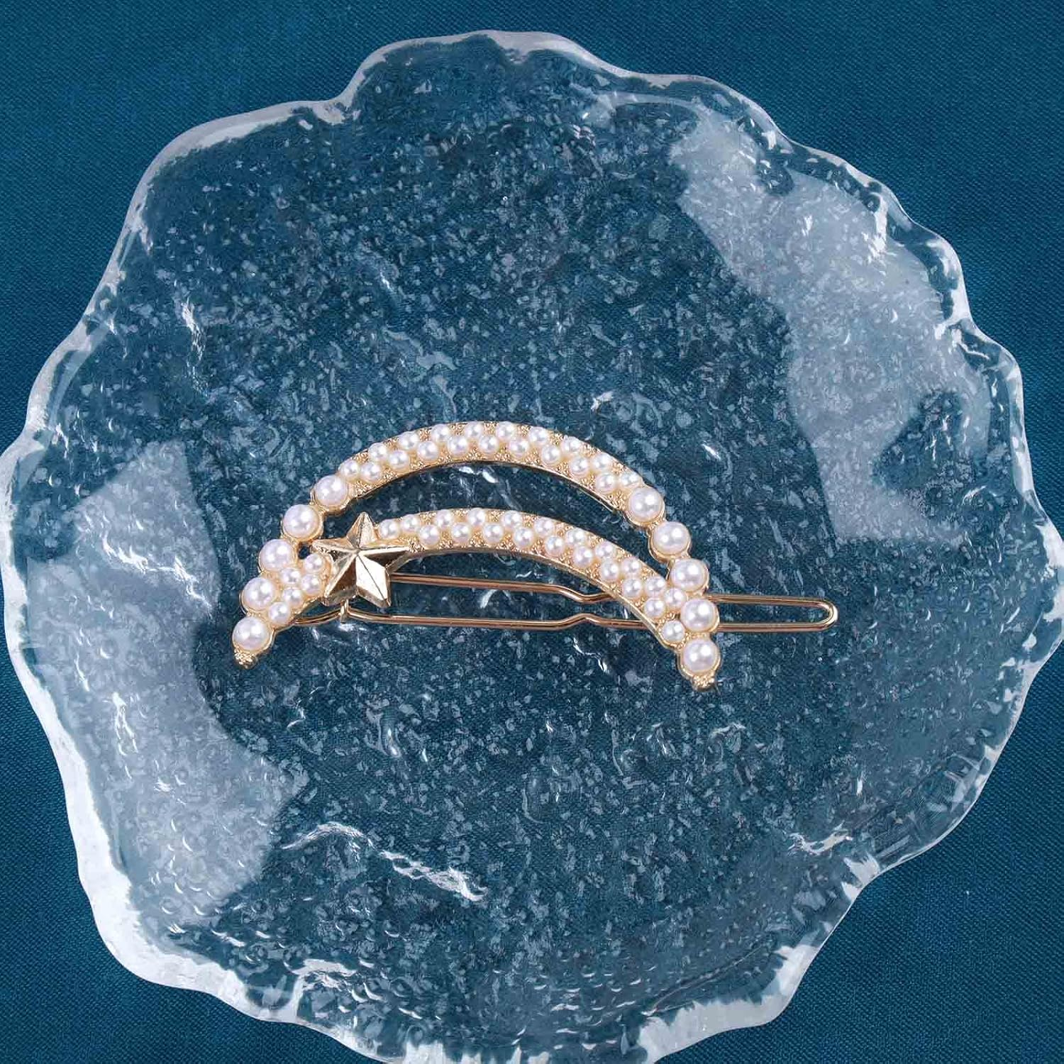 Andelaisi Boho Pearl Moon Hair Clip Vintage Hollow Crescent Moon Hair Barrette Clip Gold Pearl Hairpin Clip Minimalist Crescent Star Head Clip Accessories for Women and Girls Headdress image number 5