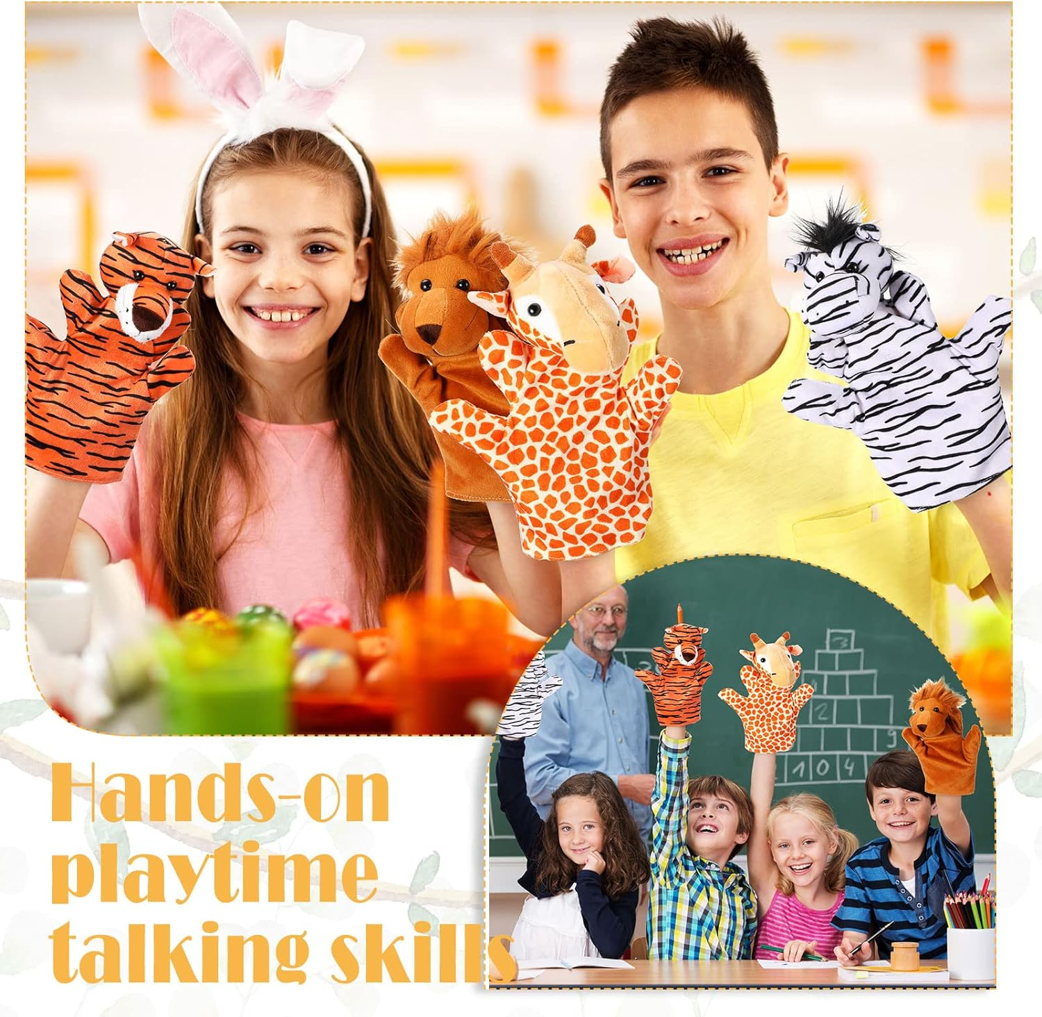 12 Pieces Hand Puppet Zoo Animal Plush Puppets Cute Animal Hand Puppets Plush Pretend Toys Educational Toys with Tiger Lion Monkey Bear Leopard Design for Telling Story Teaching Role Play (Cute) image number 4