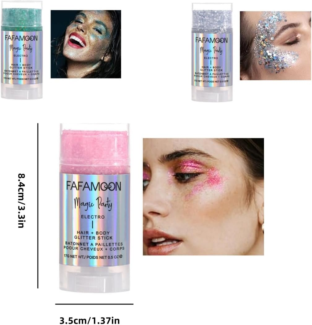 6 Color Chunky Glitter Gel Stick Face & Body Shimmer for Festivals, Makeup & Nail Art | Iridescent Flakes for Eyes, Lips, Hair image number 5