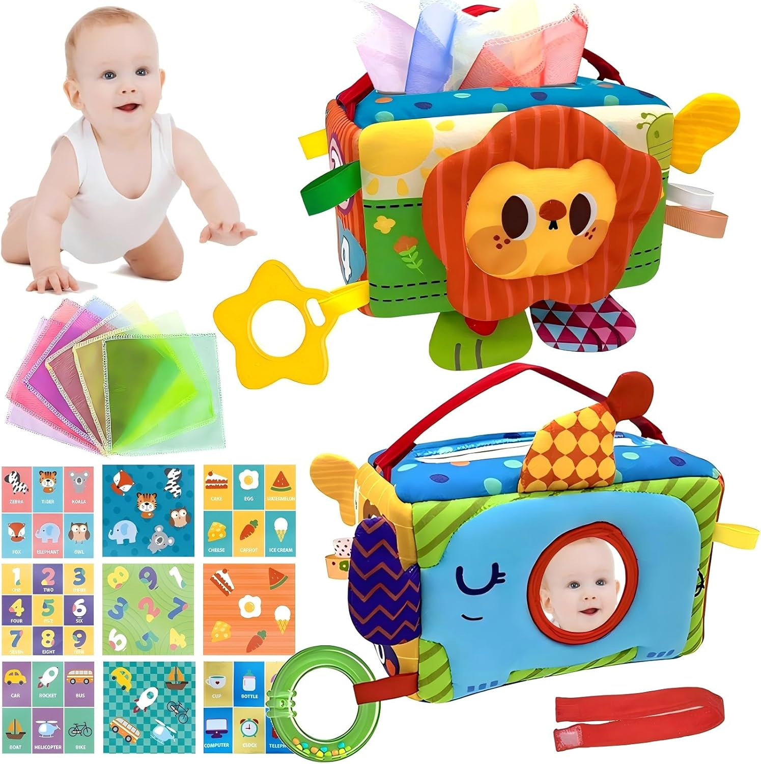 Baby Toys - Baby Tissue Box Toy, Montessori Toys for Toddlers 6-12 Months with Textured Tails, Cloth Tissues, Crinkle, Squeaky Sounds, Mirror - Gifts Play Silks Sensoy Scarves for Babies image number 6