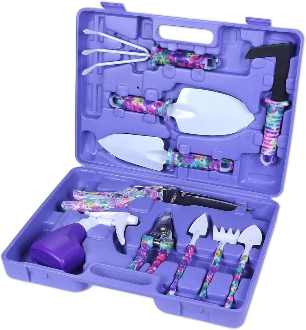 AIMALL 10PC Garden Tool Kit - Shovel, Rake, and Planting Tools Set with Ergonomic Purple Handles for Gardening image number 4