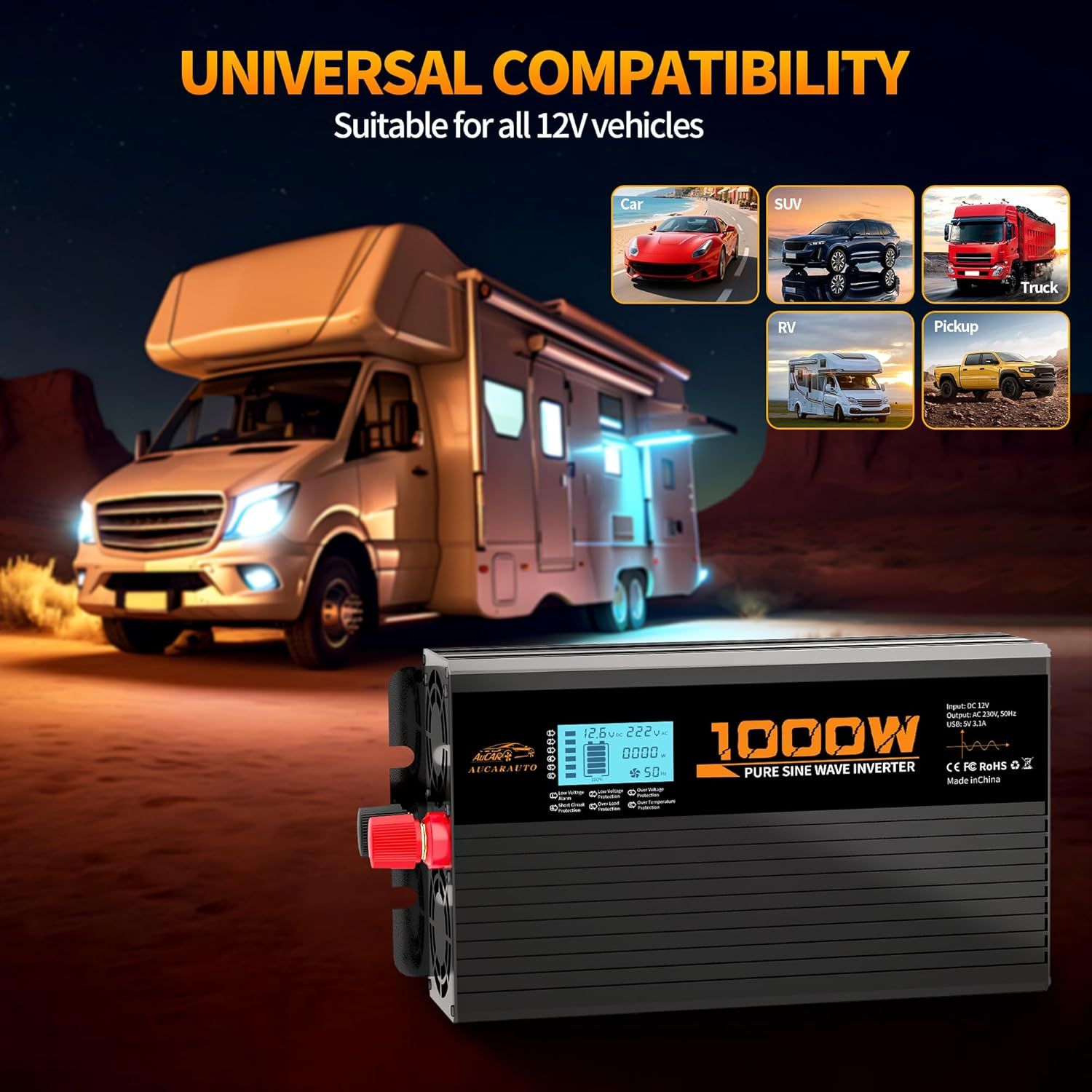 1000W Pure Sine Wave Power Inverter 12V DC to 230V/240V AC Car Converter Power Inverter with LCD Display 2 AC Outlets And1 USB Port, for Caravan, Truck, Cabin, Camping, Boat image number 1