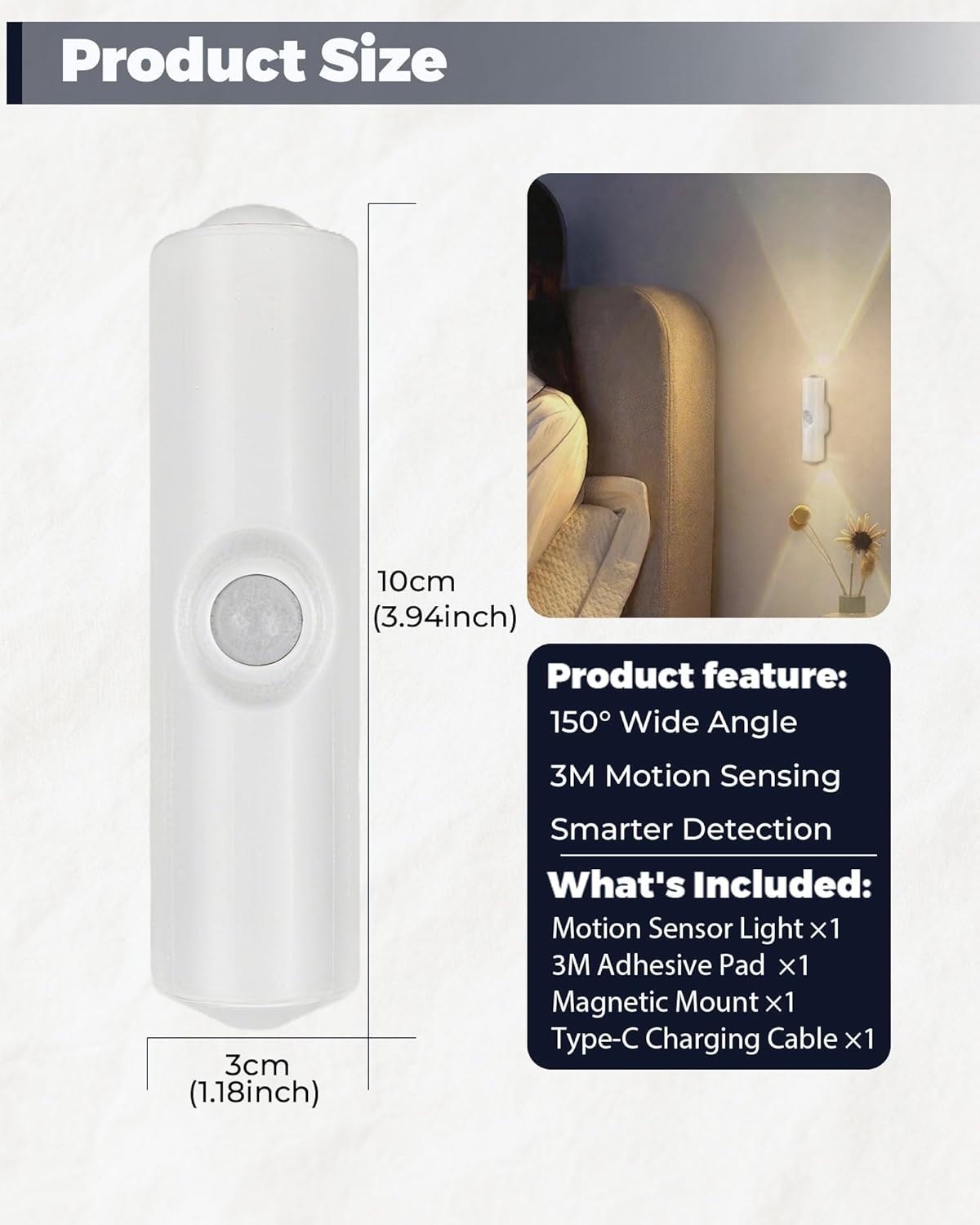 EKOWEE Motion Sensor Night Light, Portable Dimmable Nightlight, USB-C Rechargeable, 3 Color Changing, Magnetic Mount, 150&deg; Wide-Angle Detection, Ideal for Hallway Stairs Garage Closet Bathroom image number 1