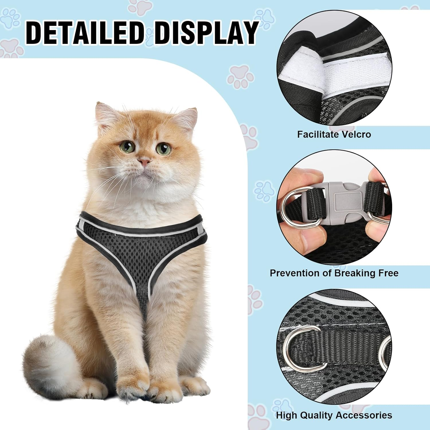 Breathable Cat Harness Set, Dogs Escape Proof Reflective Harness, Durable Adjustable Cat Harness with Lead, Cat Harness Escape Proof for Outdoor Walks (M, Black) image number 1