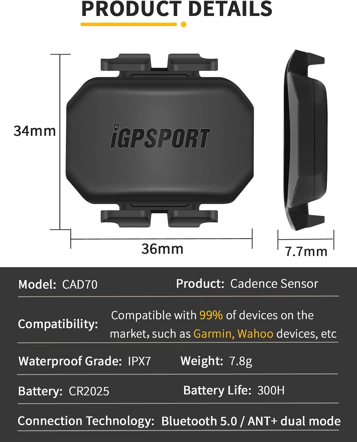 Igpsport CAD70P SPD70 Cadence Speed Sensor, Bluetooth ANT+ Bike Computer Wireless Cycling Sensor, IPX7 Waterproof, Compatible with GPS Bike Computer/Zwift/Ua Run/Openrider/Wahoo - Spd70 Speed Sensor image number 3