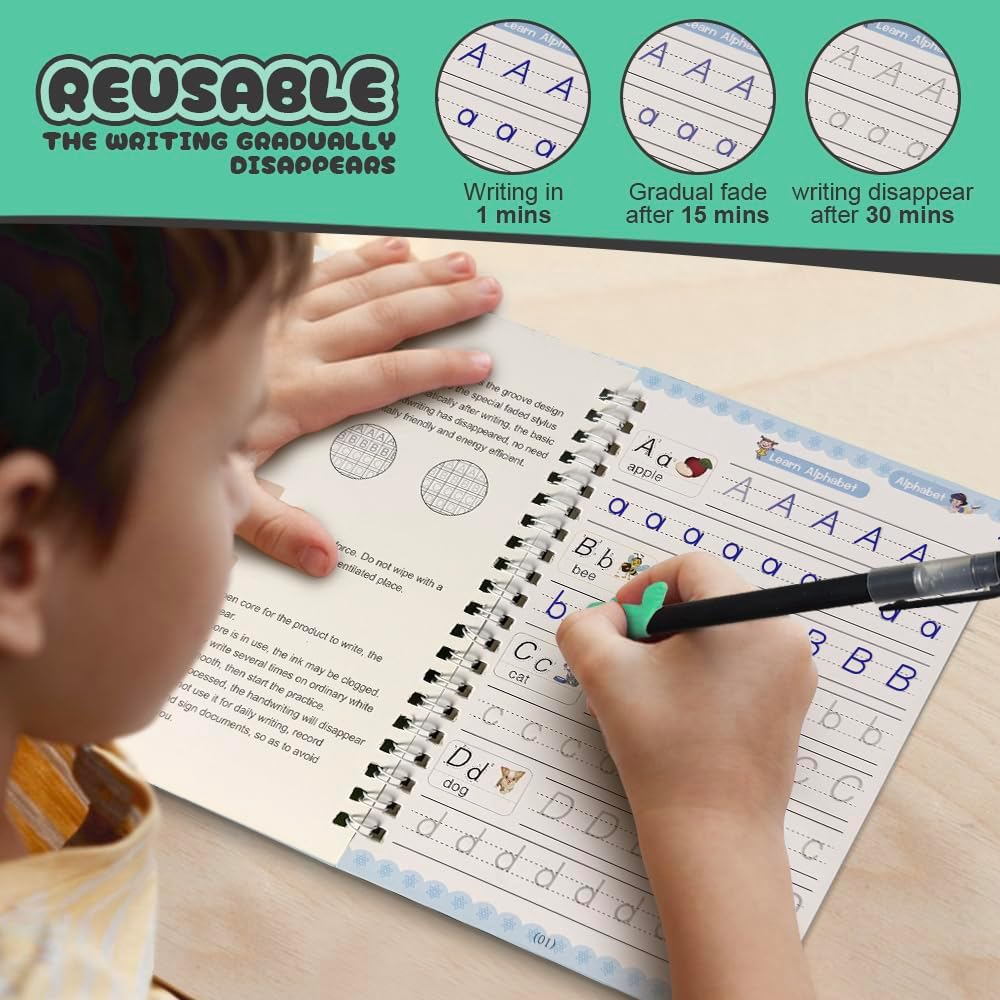 Chamgeco 4-Pack Reusable Magic Ink Practice Copybooks, Grooved Handwriting Workbook Caligraphy Beginners Set with Pen Refill, Preschool Number Letter Tracing Writing Book for Kids Ages 3-6 image number 4