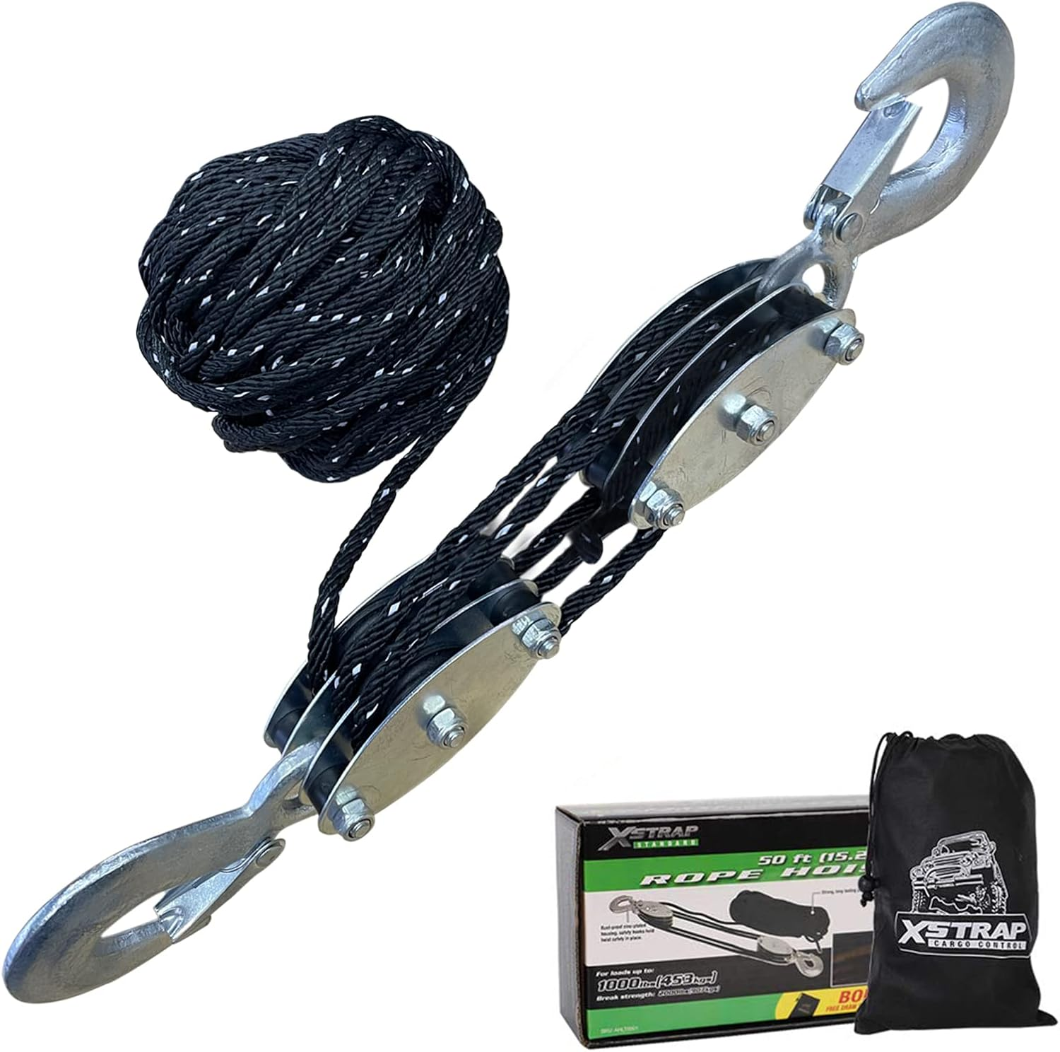 XSTRAP STANDARD Heavy-Duty 4,000 LB Breaking Strength 65 FT Rope Hoist with 2PK 8 FT Lift Sling (Black)