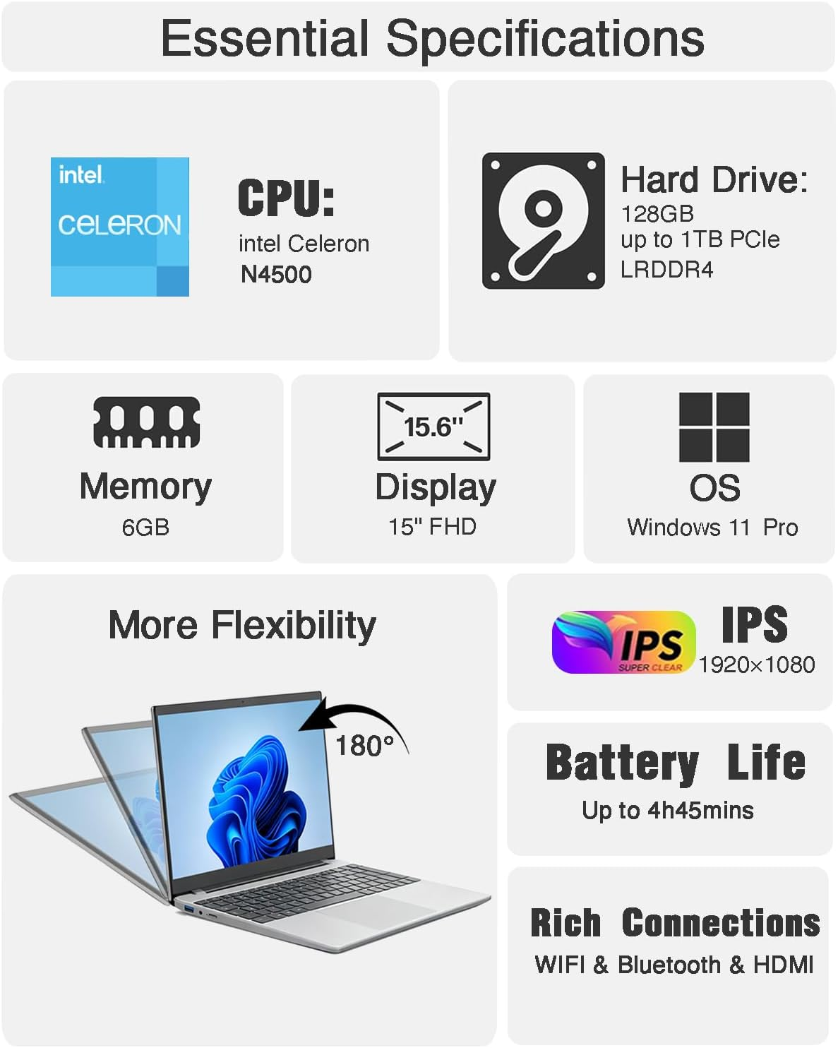Kayoote 15.6 Inch Win 11 Pro Laptop Computer for Students & Business, Celeron N4500 6+128GB Laptops with FHD Display, Wi-Fi 5, BT, Laptop Computers for Work, School image number 4
