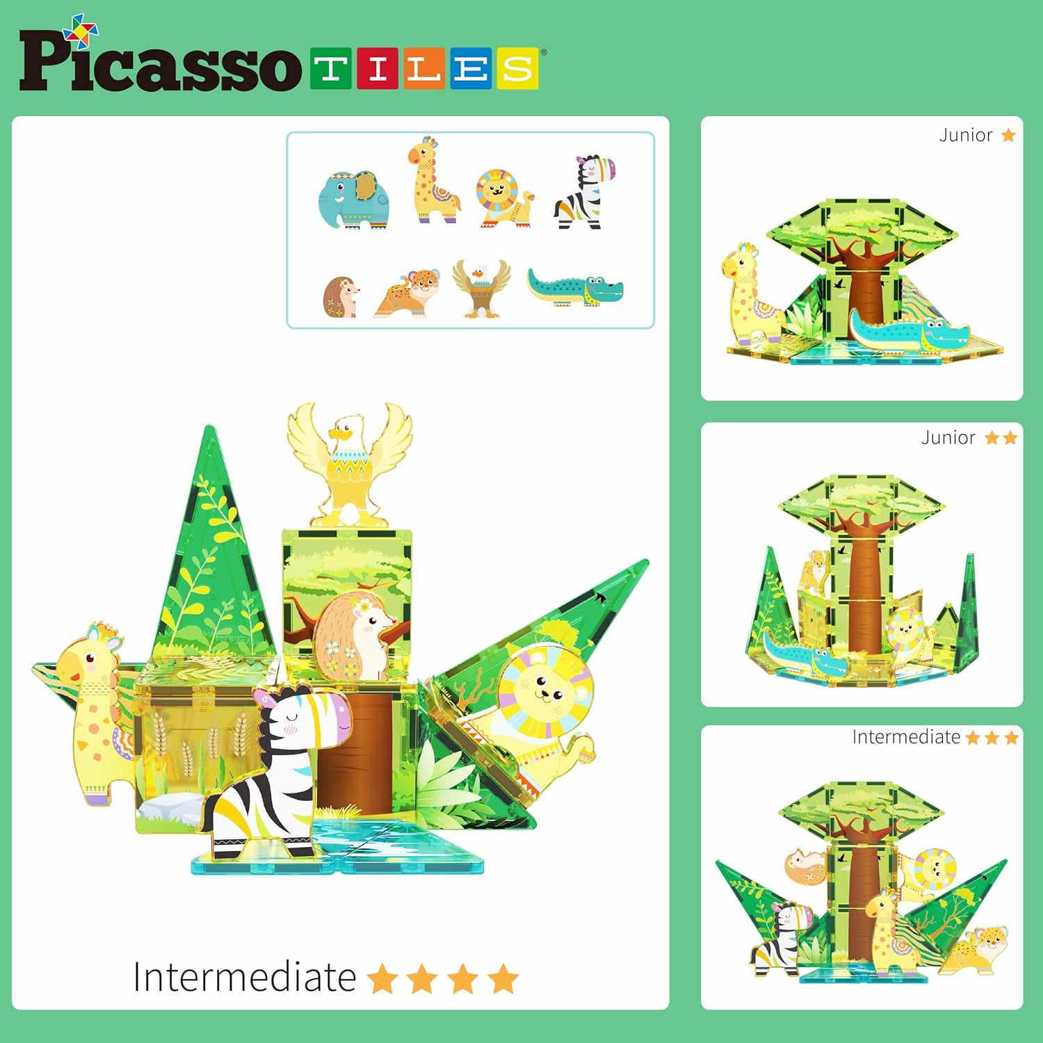 Picassotiles Magnet Tile Building Blocks Safari Themed Playset with 8 Animal Character Action Figures Magnetic Tiles STEM Learning Imaginative Play Toy Construction Set Preschool Toddler Ages 3+ PTQ22