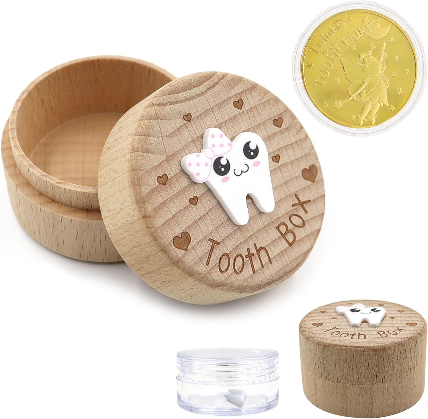 Wooden Tooth Fairy Box, Cute Tooth Fairy Tooth Holder, Tooth Fairy Kit with Tooth Fairy Coin and Transparent Storage Box, 3D Carved First Tooth Keepsake Box for Lost Teeth (Smiley)