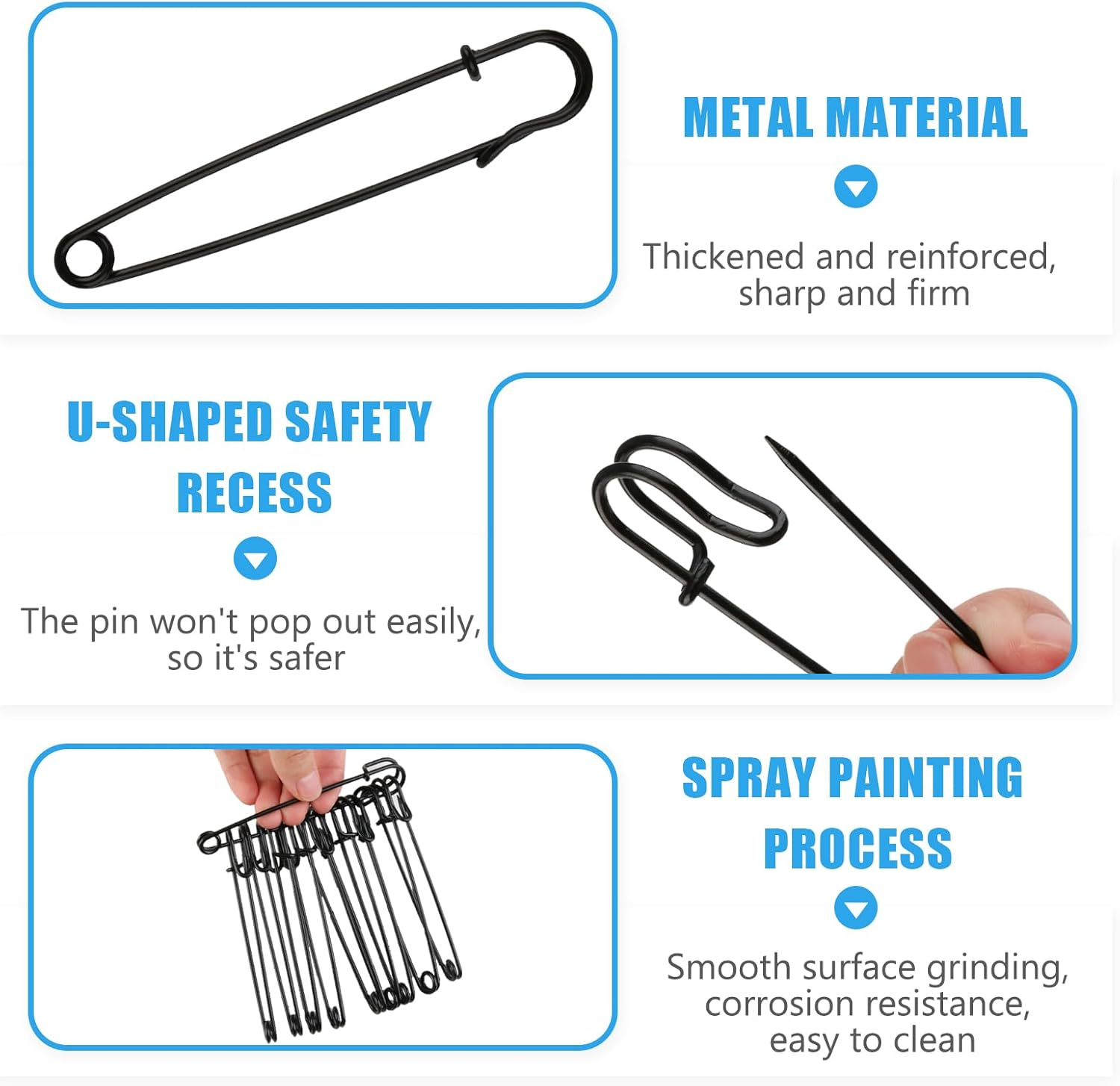 10Pcs Large Metal Safety Pins, 10Cm Metal Spring Lock Pins Brooches Wire Safety Blanket Pins, Extra Large Safety Pin Heavy Duty Safety Pins for Clothes Leather (Black)