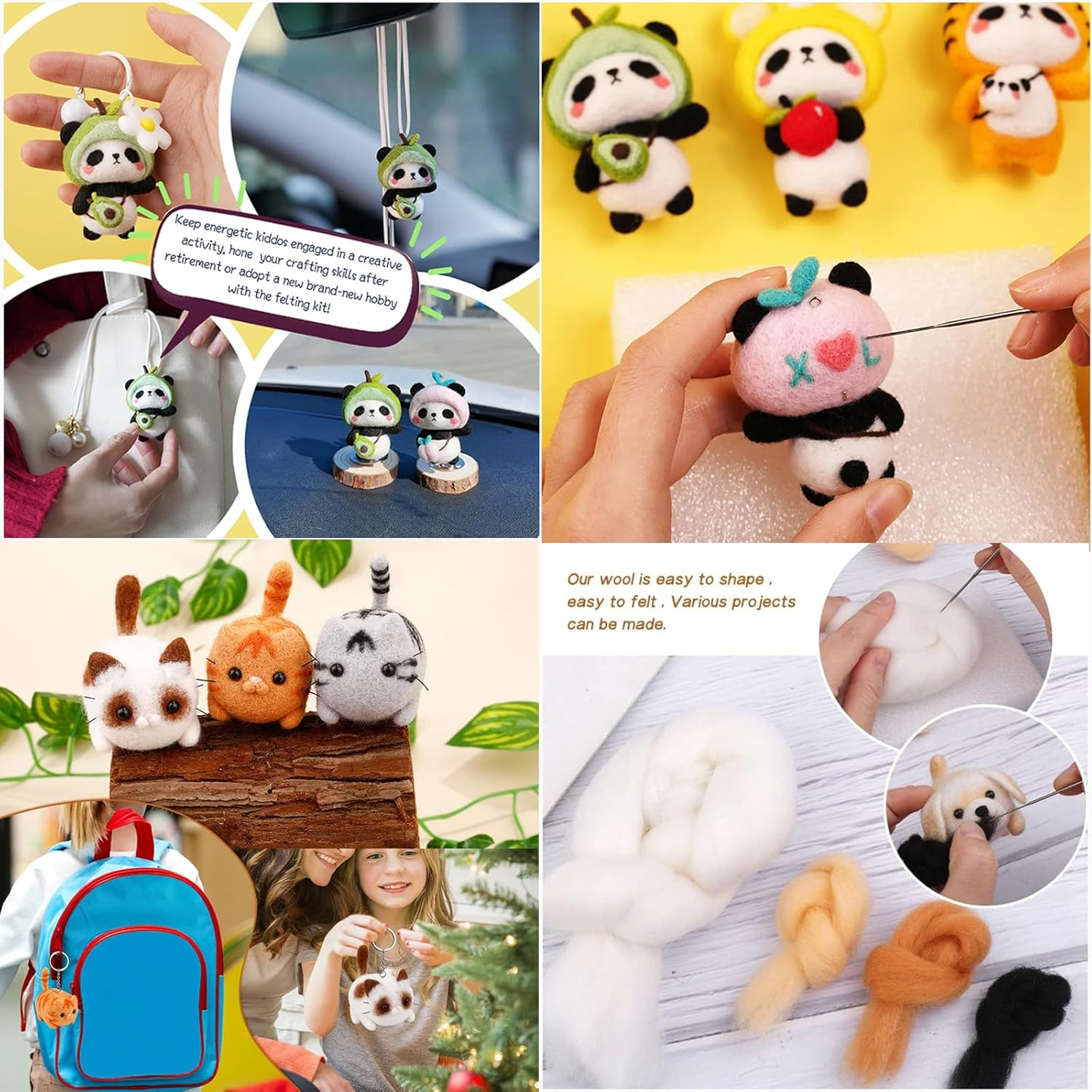 YELINTIAN Needle Felting Starter Kit,36 Colors Fibre Wool Yarn Roving for Needles Felt Tool Includes Keychain, Felted Foam Mat, and Other Tools for Animal Doll Beginner Supplies image number 3
