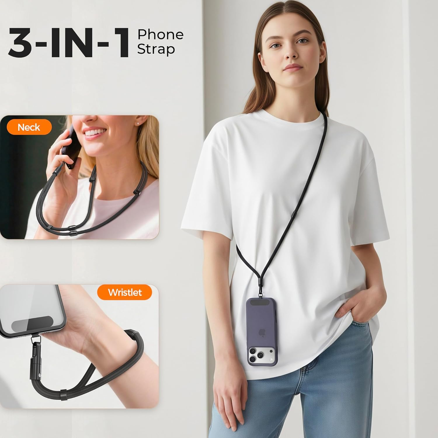 SURDOCA 3-In-1 Phone Lanyard for Crossbody, Neck & Wrist, Adjustable anti Theft Phone Strap with Tether Tab & Loop Strap image number 6