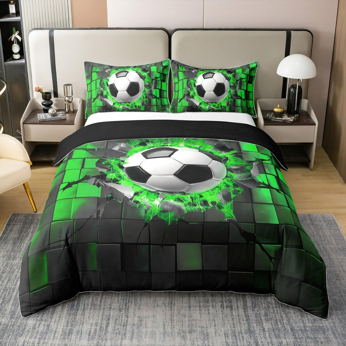Football 100% Cotton Bed Linen, Football Lovers Sports Game Duvet Cover 135 X 200 Cm for Children Adults Green 3D Check Plaid Bedding Set, Neon Geometry Comforter Cover 1 Pillowcase Breathable image number 3