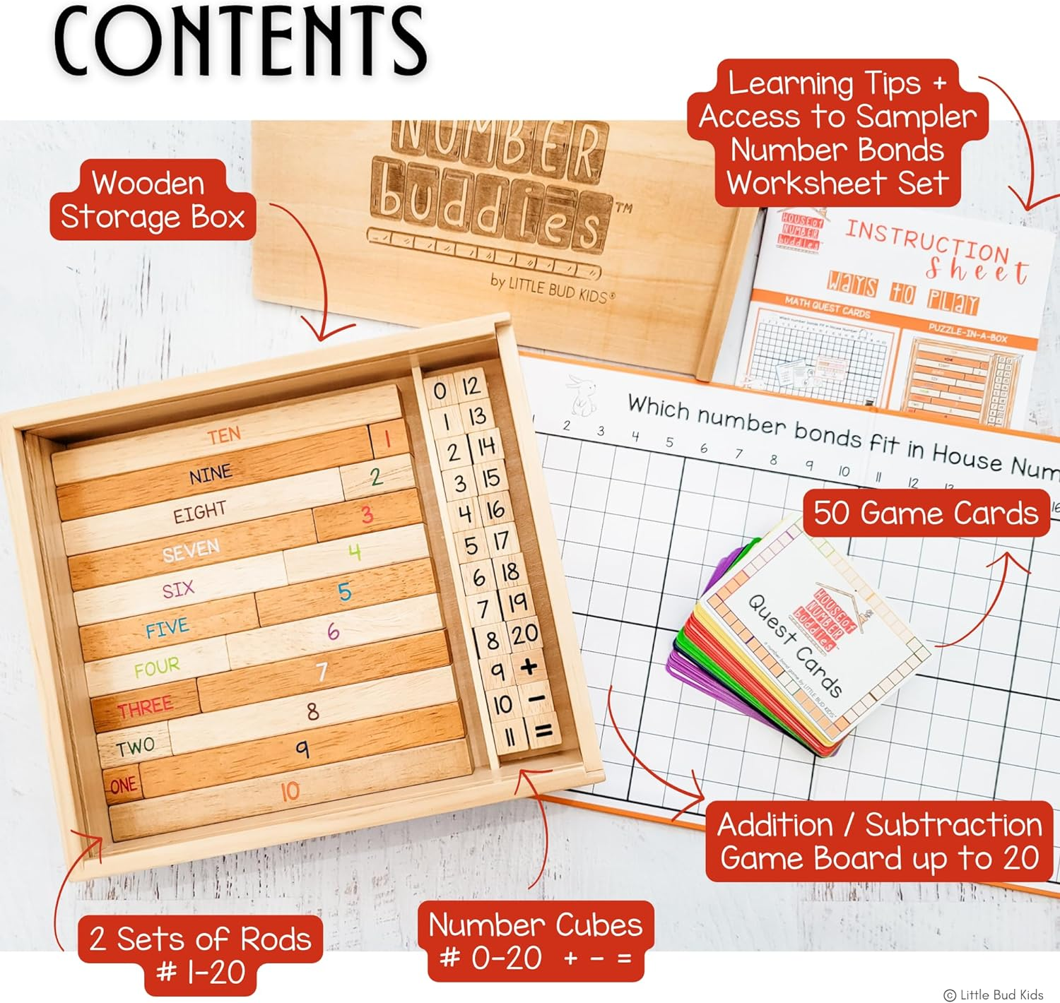 LITTLE BUD KIDS House of Number Buddies Maths Game, a Number Bonds Maths Toy with Number Rods and Addition & Subtraction Flash Cards, Montessori Material for Kids 4-8 Years Old image number 1