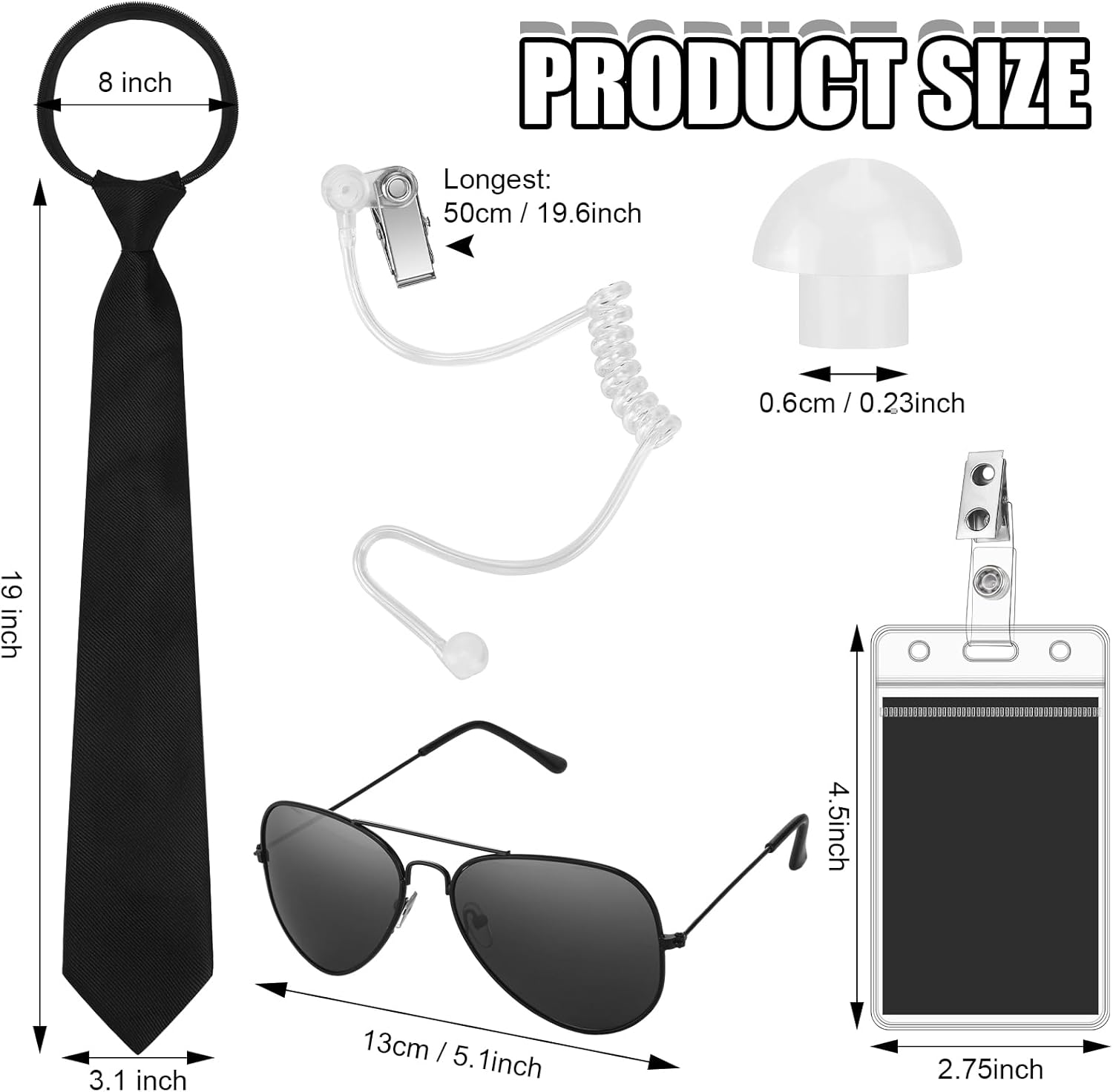 Mepase Set of 8 Agent Costume Set Secret Security Guard Costume Adjustable Pre-Tied Zipper Tie ID Badge Prop Black Sunglasses Earpiece for Men Halloween Party Cosplay Game, Black image number 5