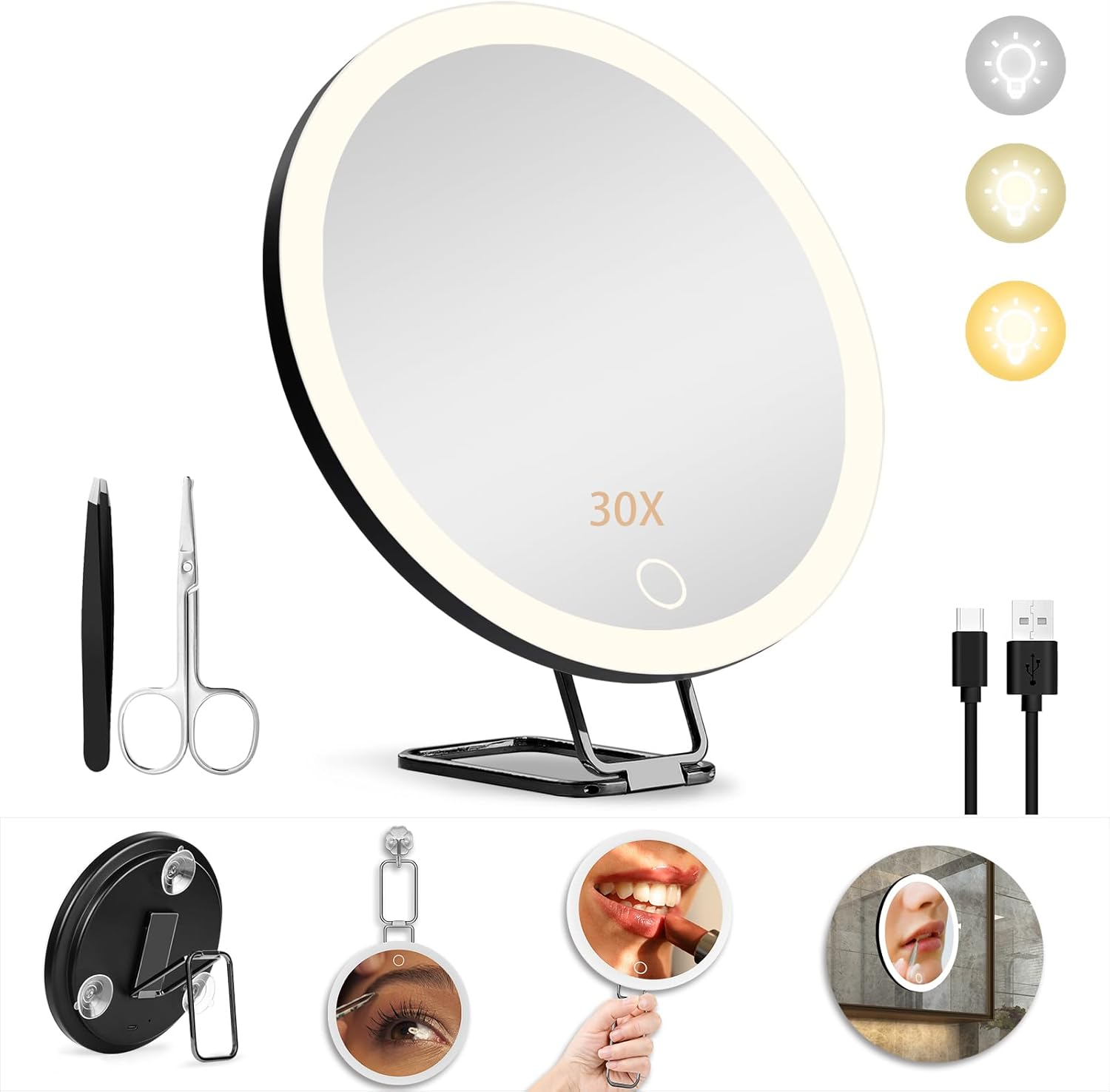 30X Magnifying Mirror with Light,6" Large Makeup Magnifying Mirror,3 Colors Dimmable Makeup Mirror with 360&deg; Table Stand,Portable, with 3 Suction Cups(Black)