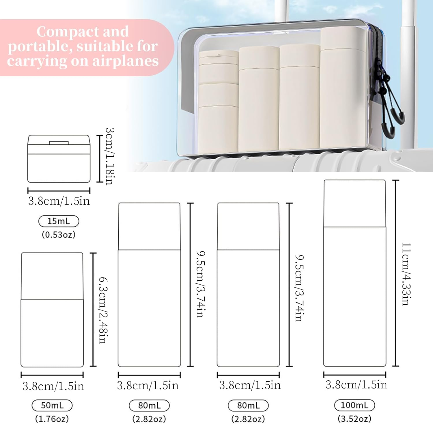 5 PCS Travel Cream Dispenser Bottles Set, TSA Approved Leak-Proof Toiletry Containers for Shampoo, Lotion, Cosmetics, Modern Portable Dispenser Bottles for Air Travel, Gym, Vacation (White) image number 4