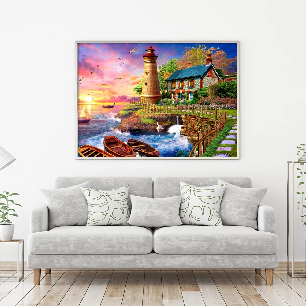HUADADA Jigsaw Puzzles for Adults 1000 Pieces, Puzzles for Adults 1000 Piece, Challenging Game Toys, Impossible Puzzle, Family Decoration Puzzle - Sunset Lighthouse image number 2