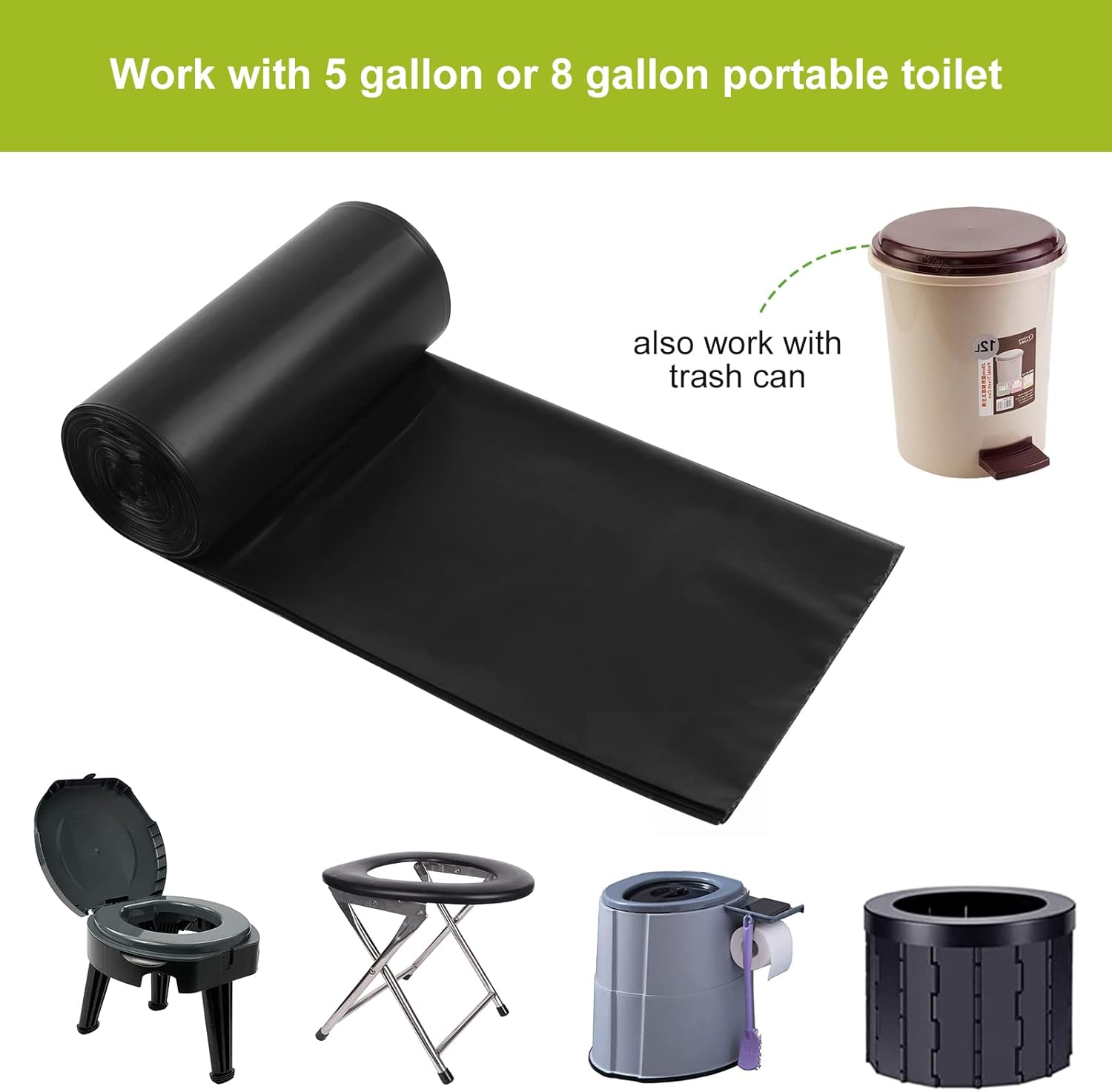 Portable Toilet Bags for Camping｜80 Liners Toilet Replacement Bags ｜ 100% Compostable & Biodegradable, 8 Gallon Thickened Bucket Liner for Outdoor Boating Trip, Trash Bags Plastic Free image number 2