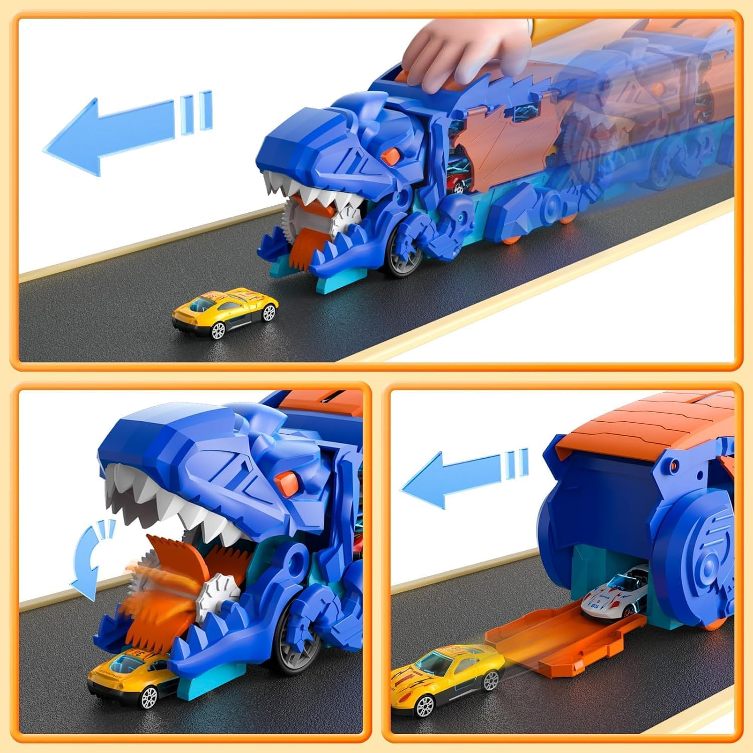 Valdera Dinasour Toys Transporter Truck Track for Kids, Foldable Dinosaur Truck with 10 Racing Cars, Dino Educational Toy for Kids Boys Girls Birthday Gift (Blue) image number 3